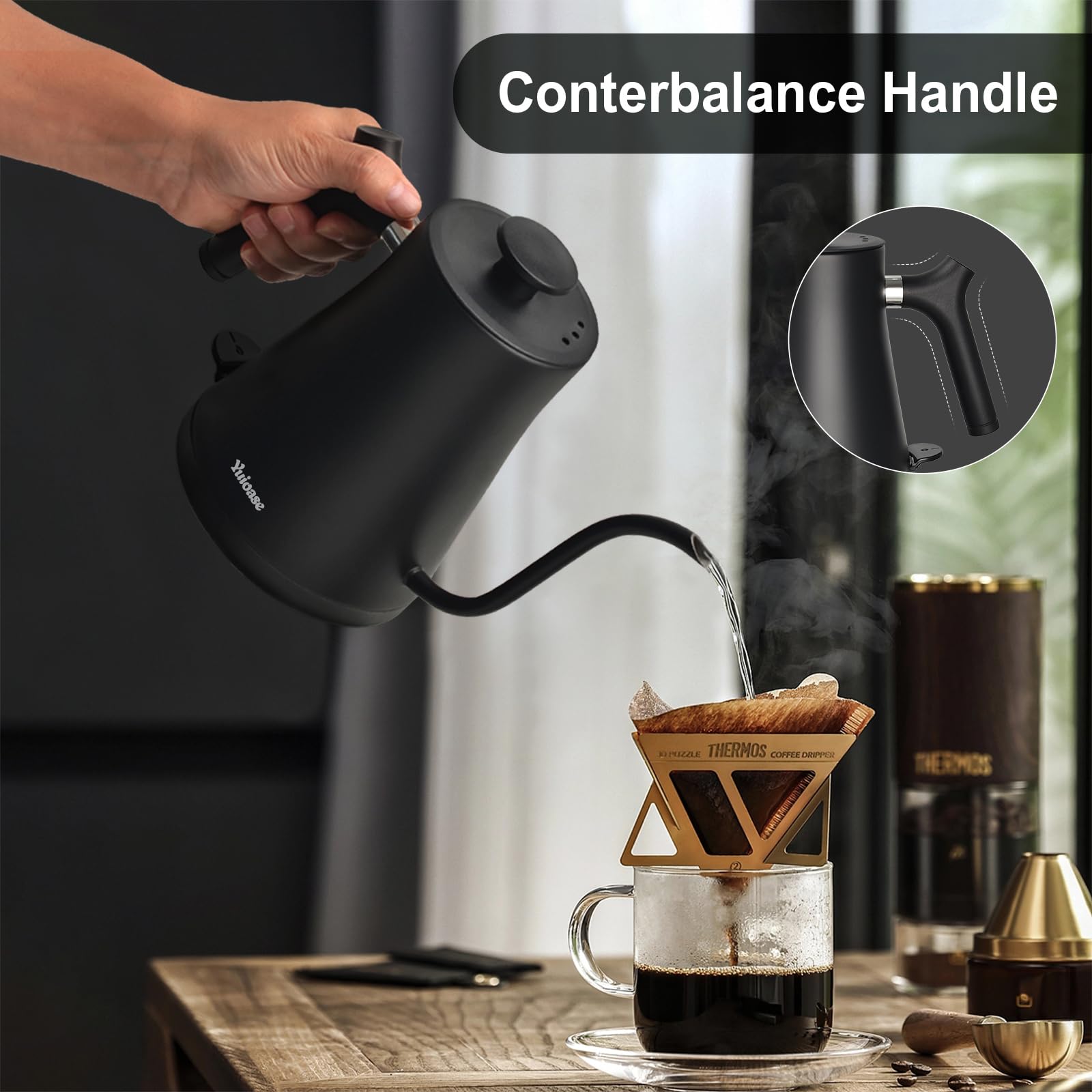 Yuioase kettle ergonomic non-slip handle improves comfort during pouring.