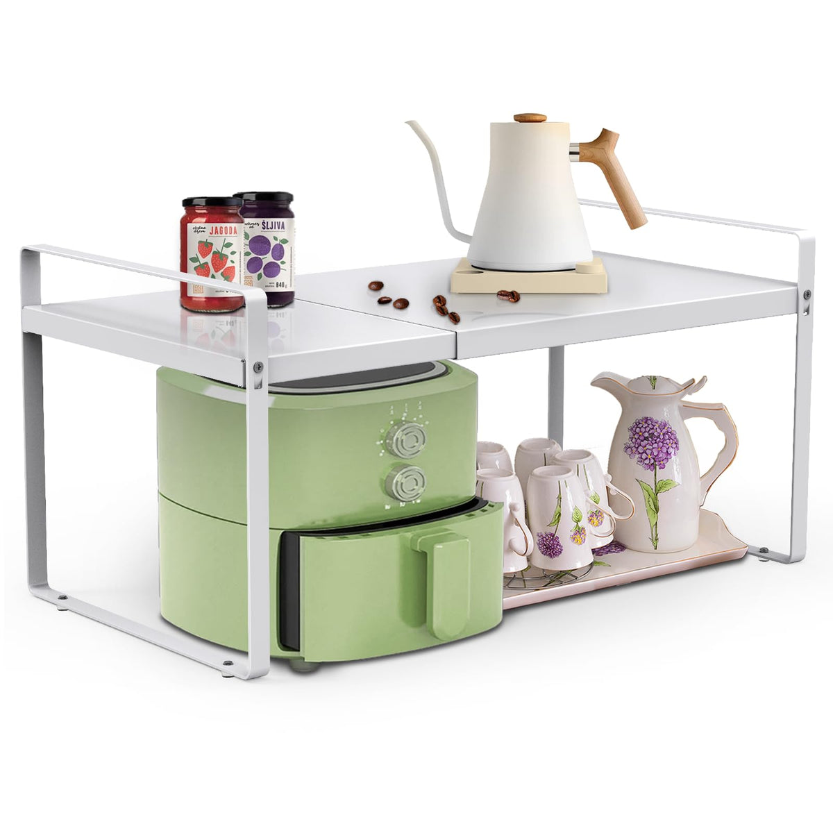 Yuleimy expandable shelf side view showing adjustable length for versatile cabinet storage