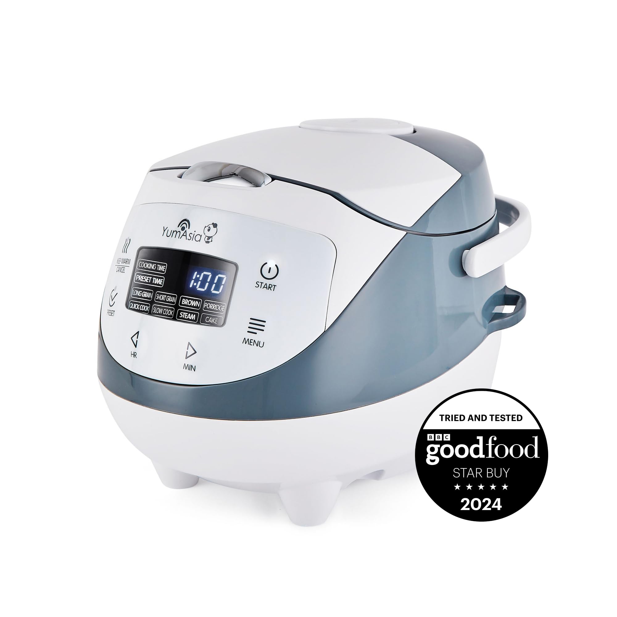 Yum Asia Panda Mini Rice Cooker front view for compact kitchen setups and easy access.