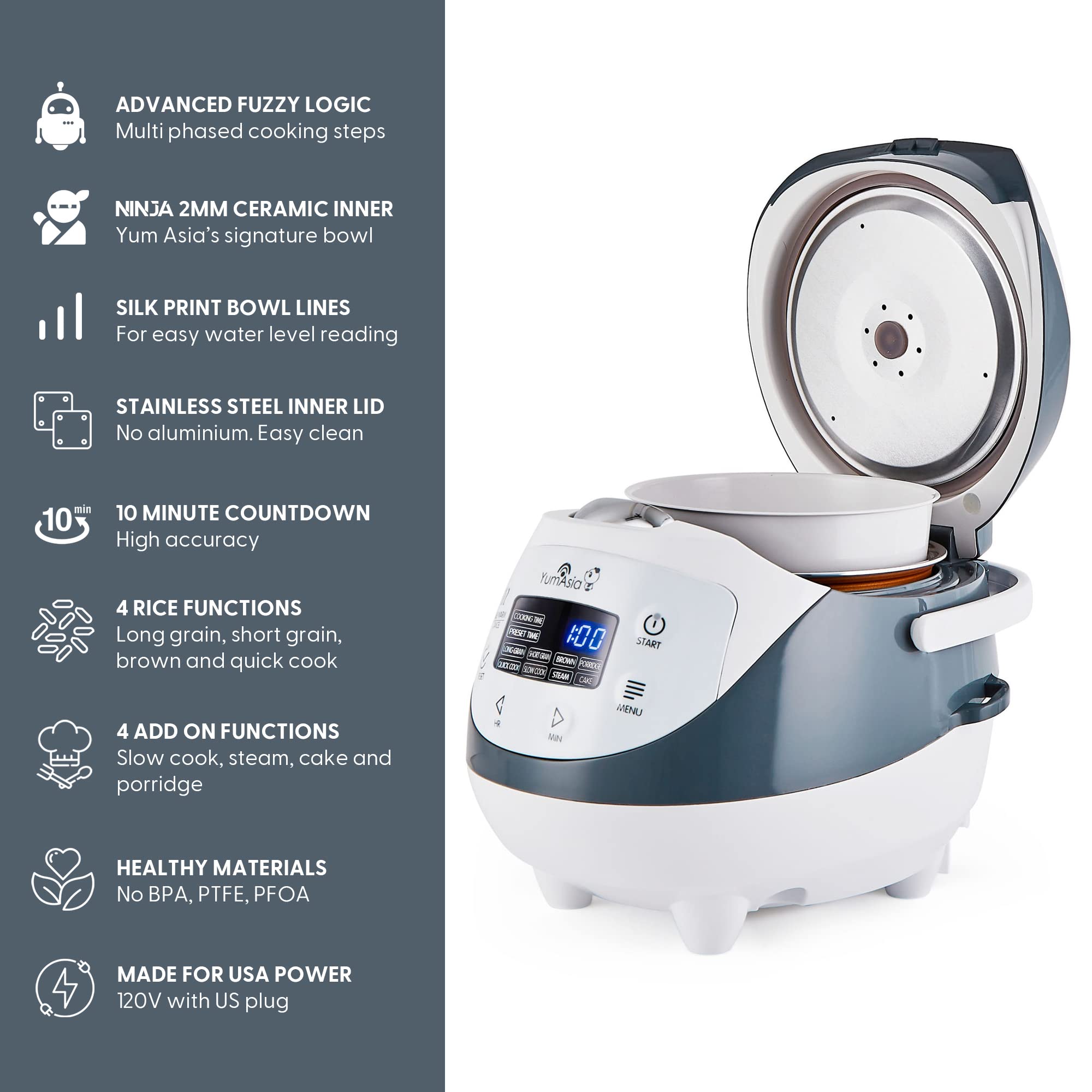 Yum Asia Panda Mini Rice Cooker LED display with clear, precise settings.
