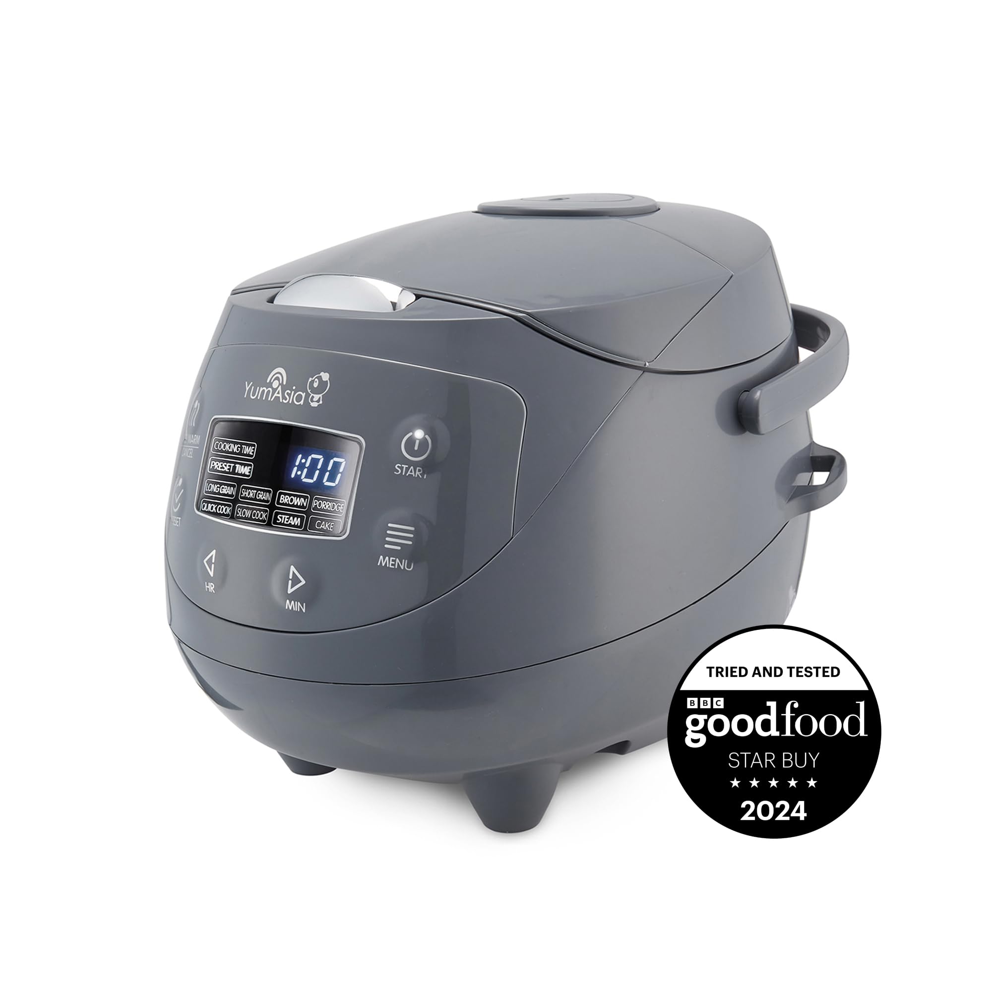 Yum Asia Panda Mini Rice Cooker with smart LED display for quick preset rice.