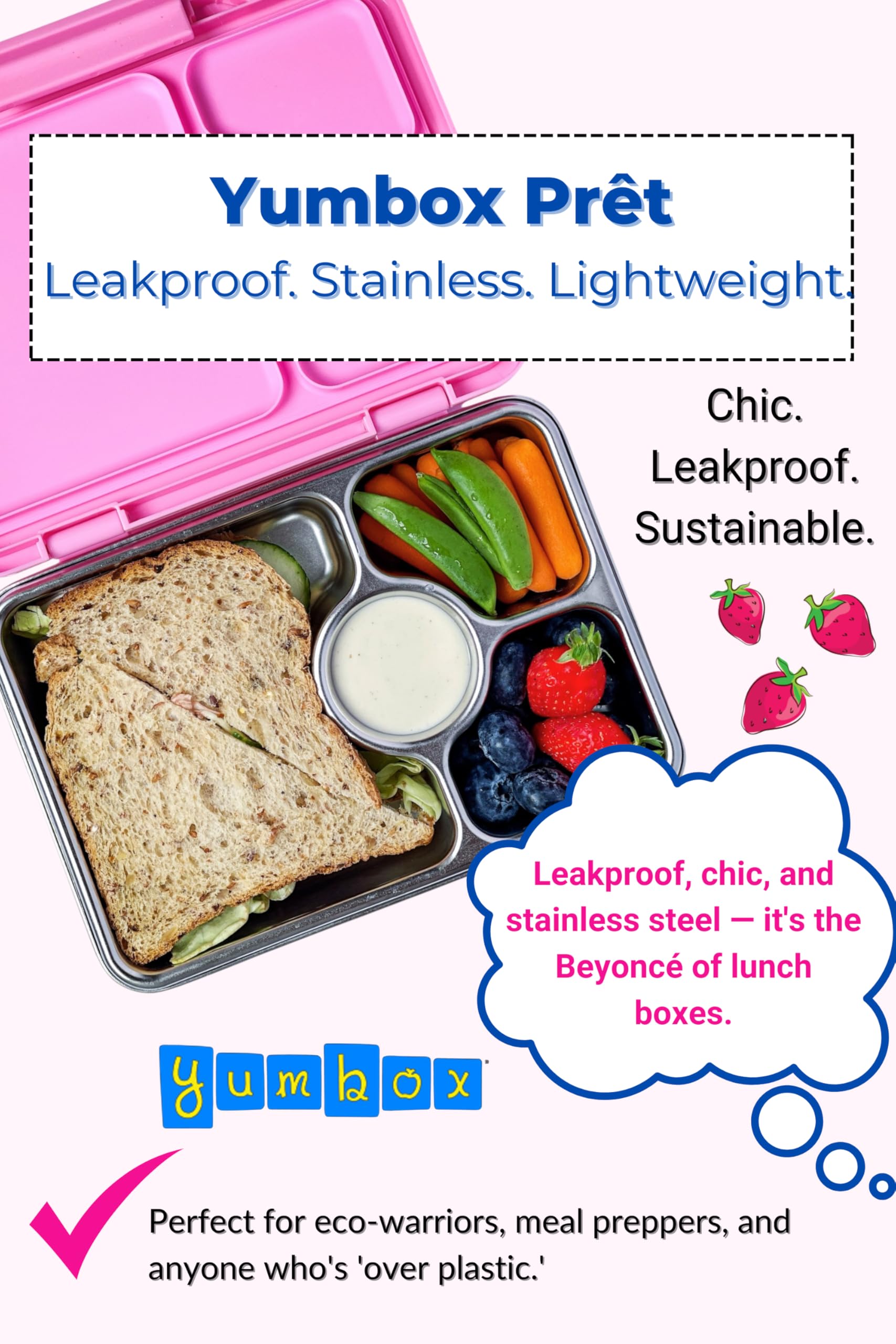 Durable 304 stainless steel construction from Yumbox Prêt keeps meals safe and reusable.