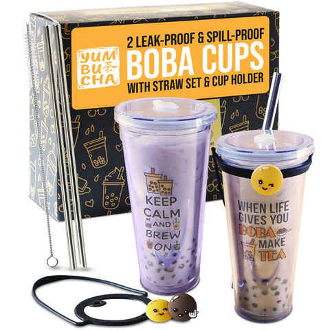 Yumbucha reusable boba tumbler with stainless finish for cool bubble tea on the go.
