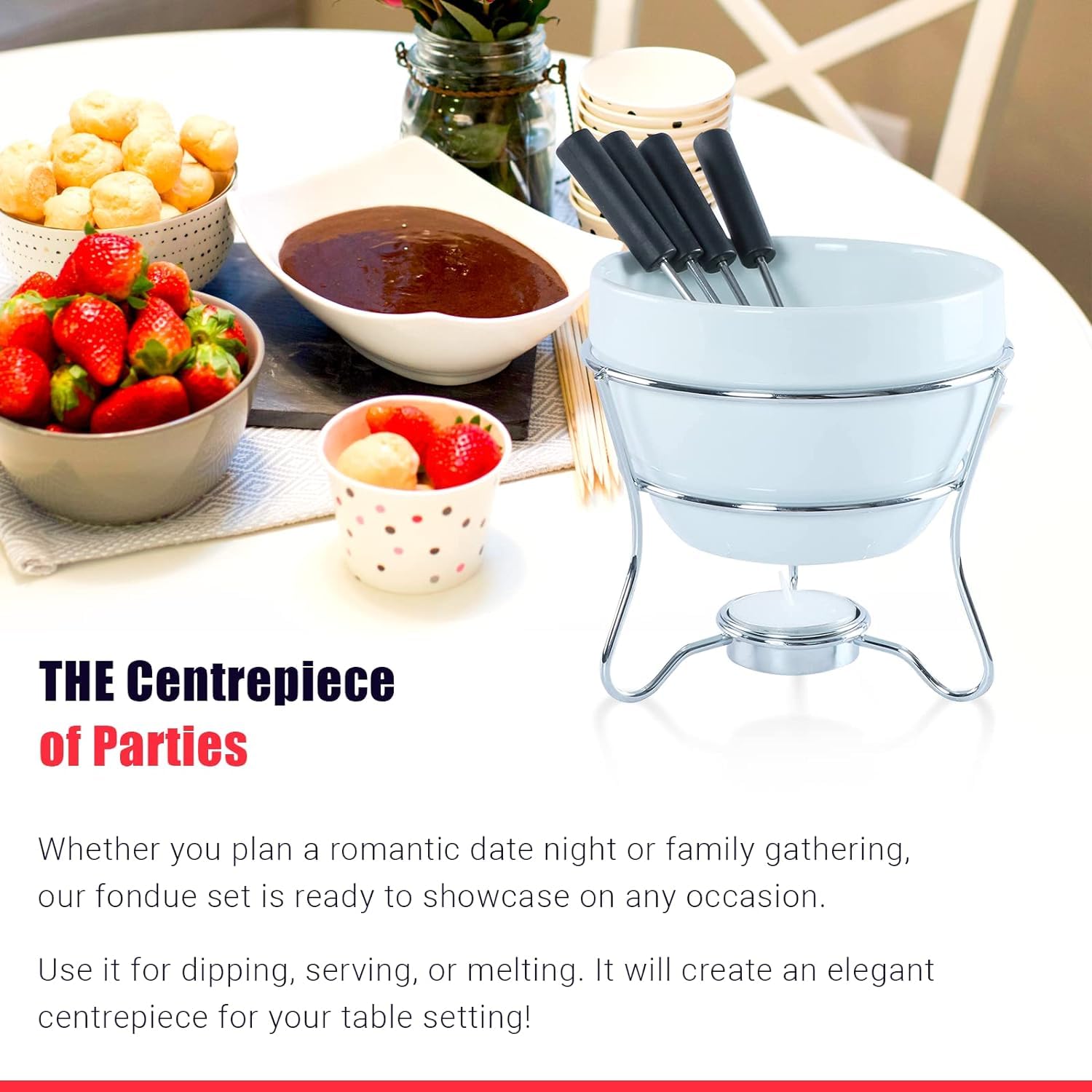 Yumchikel tea light holder provides steady warmth for dipping.