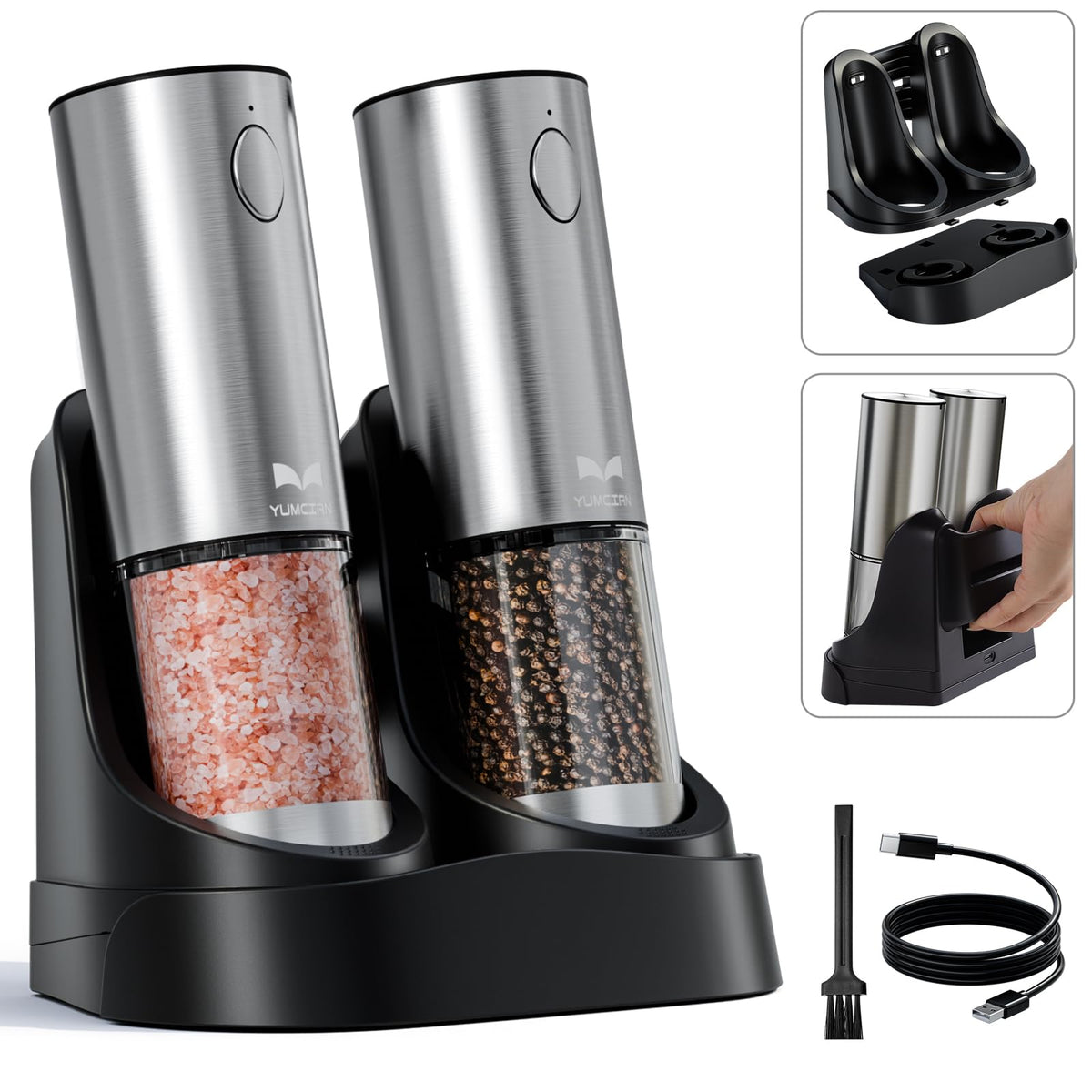 Yumcian electric salt and pepper grinder set assembled for quick, uniform seasoning.