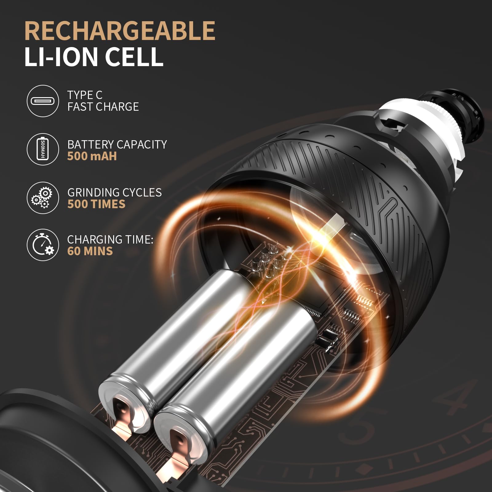 Yumcook gravity grinder with LED light on aiding spice visibility during cooking