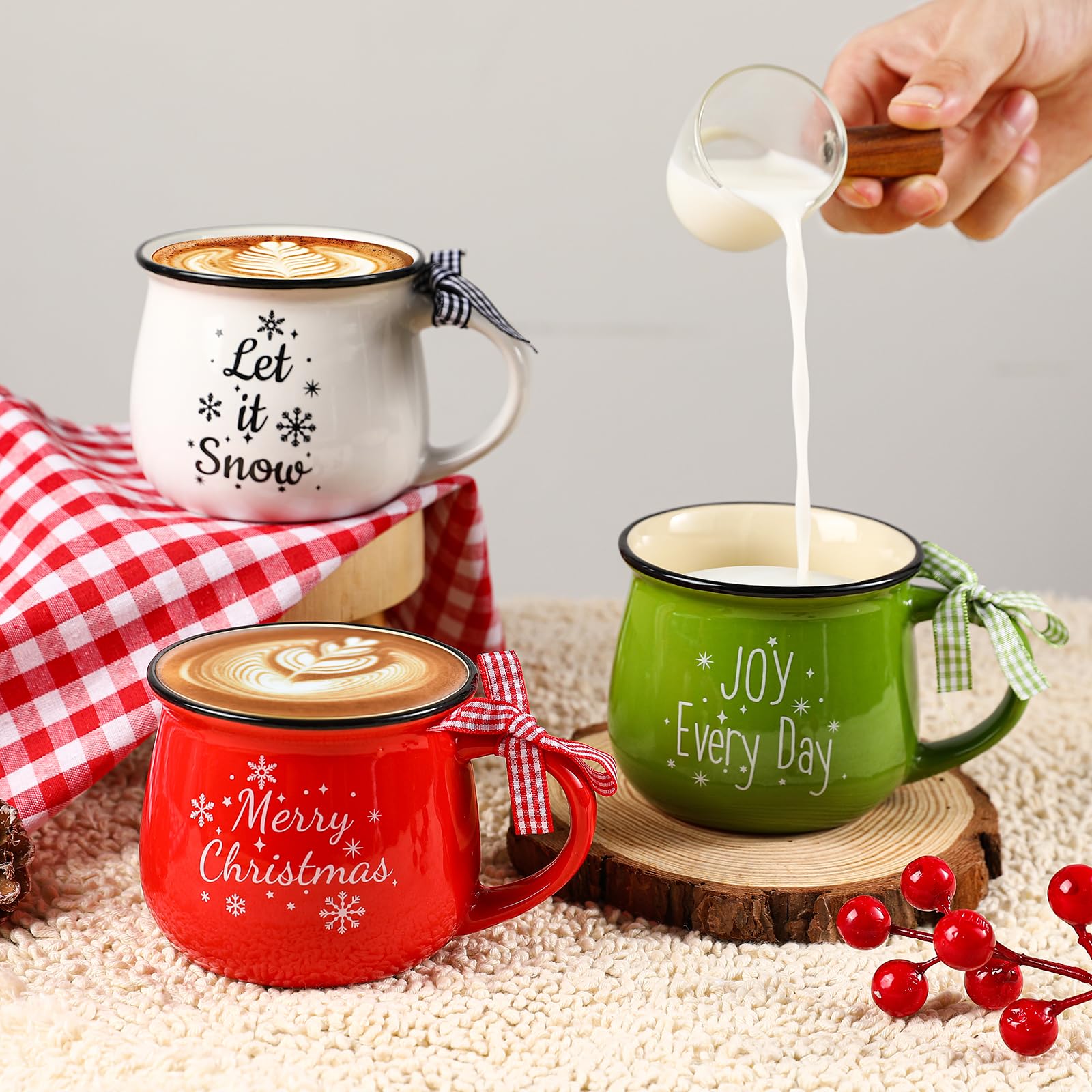 Yumiio festive mug design closeup with red, green, white tones.