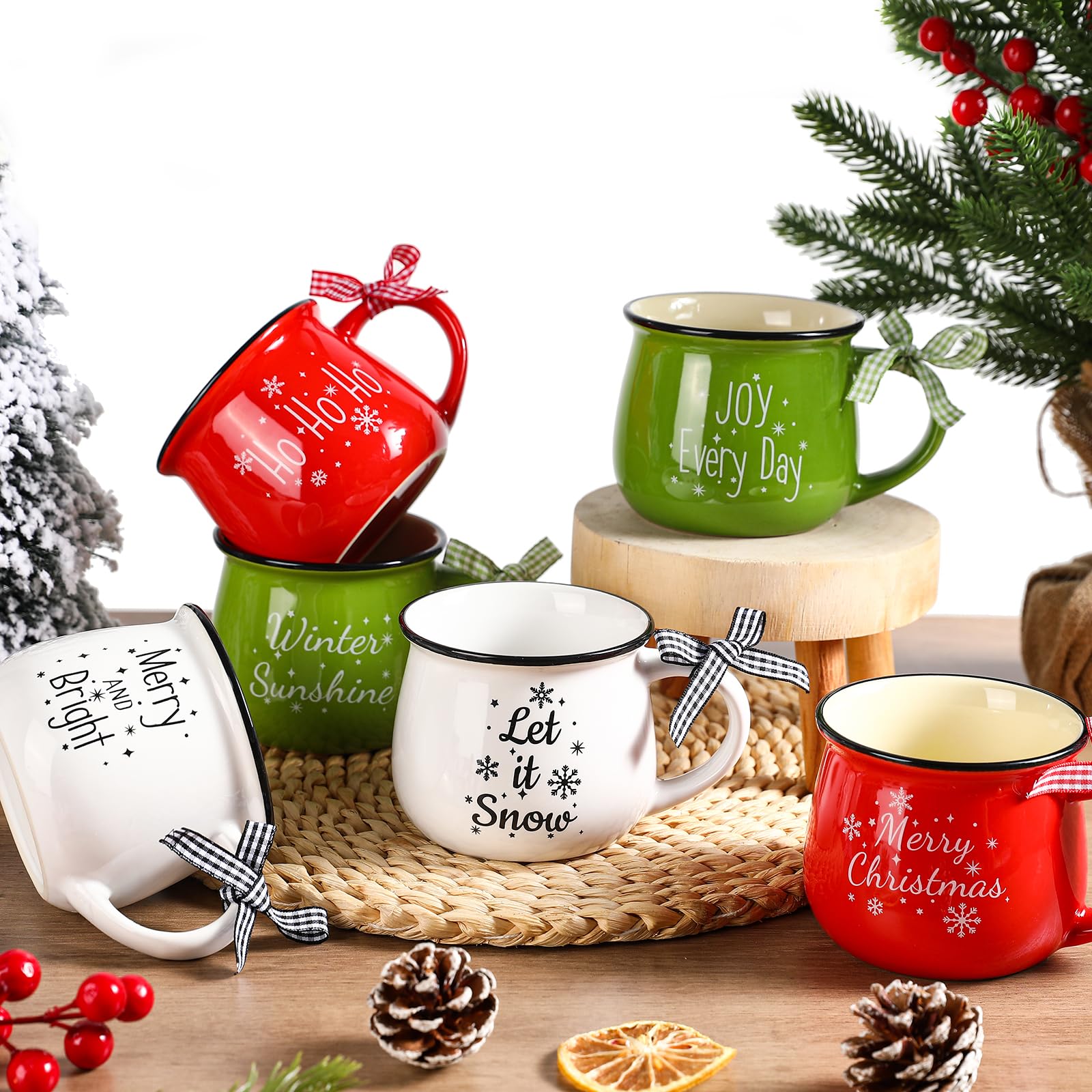 Yumiio 6-piece Christmas mugs set on shelf, ideal for festive mornings.