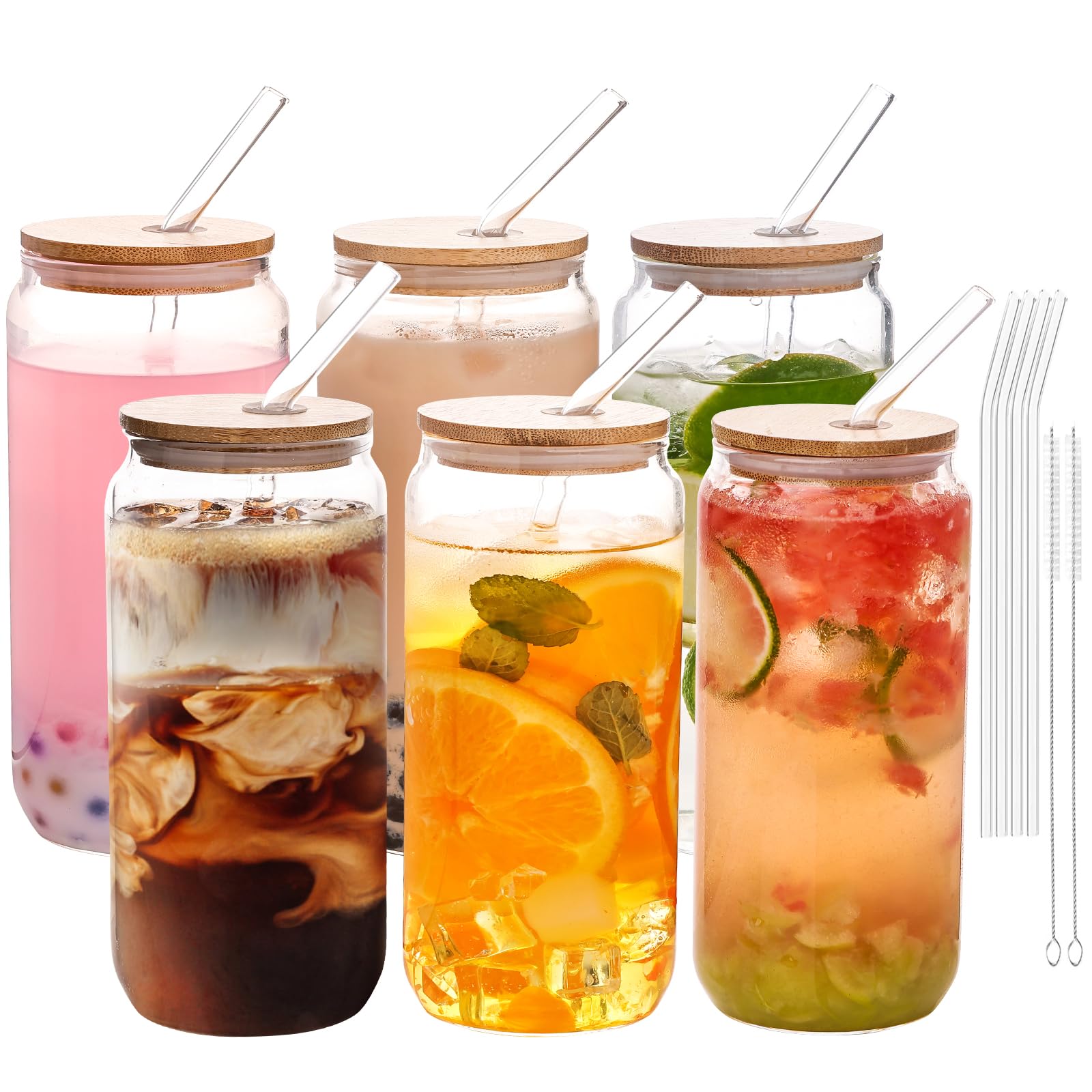 YUNCANG six-pack glass drinking glasses with bamboo lids for everyday use.