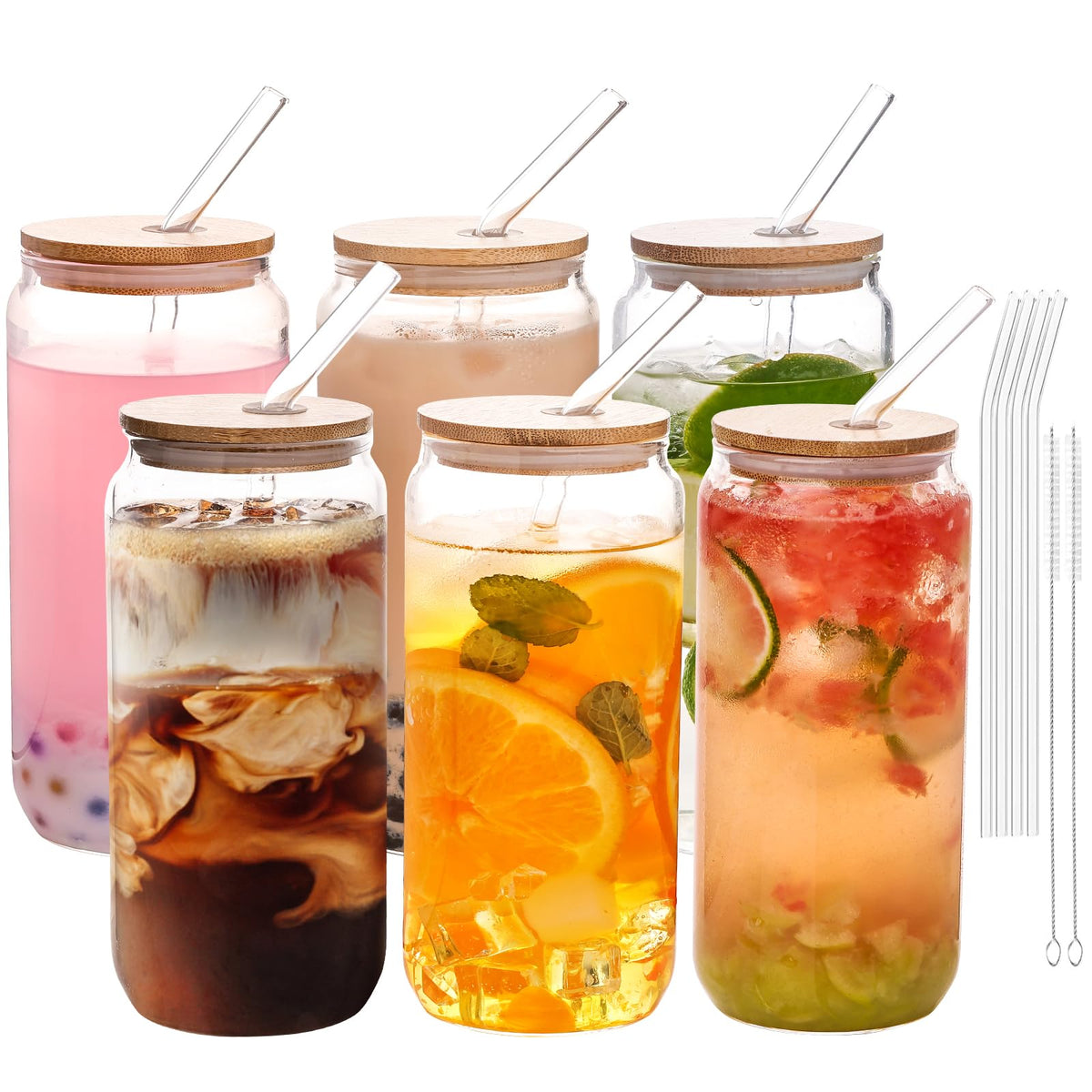 YUNCANG six-pack glass drinking glasses with bamboo lids for everyday use.