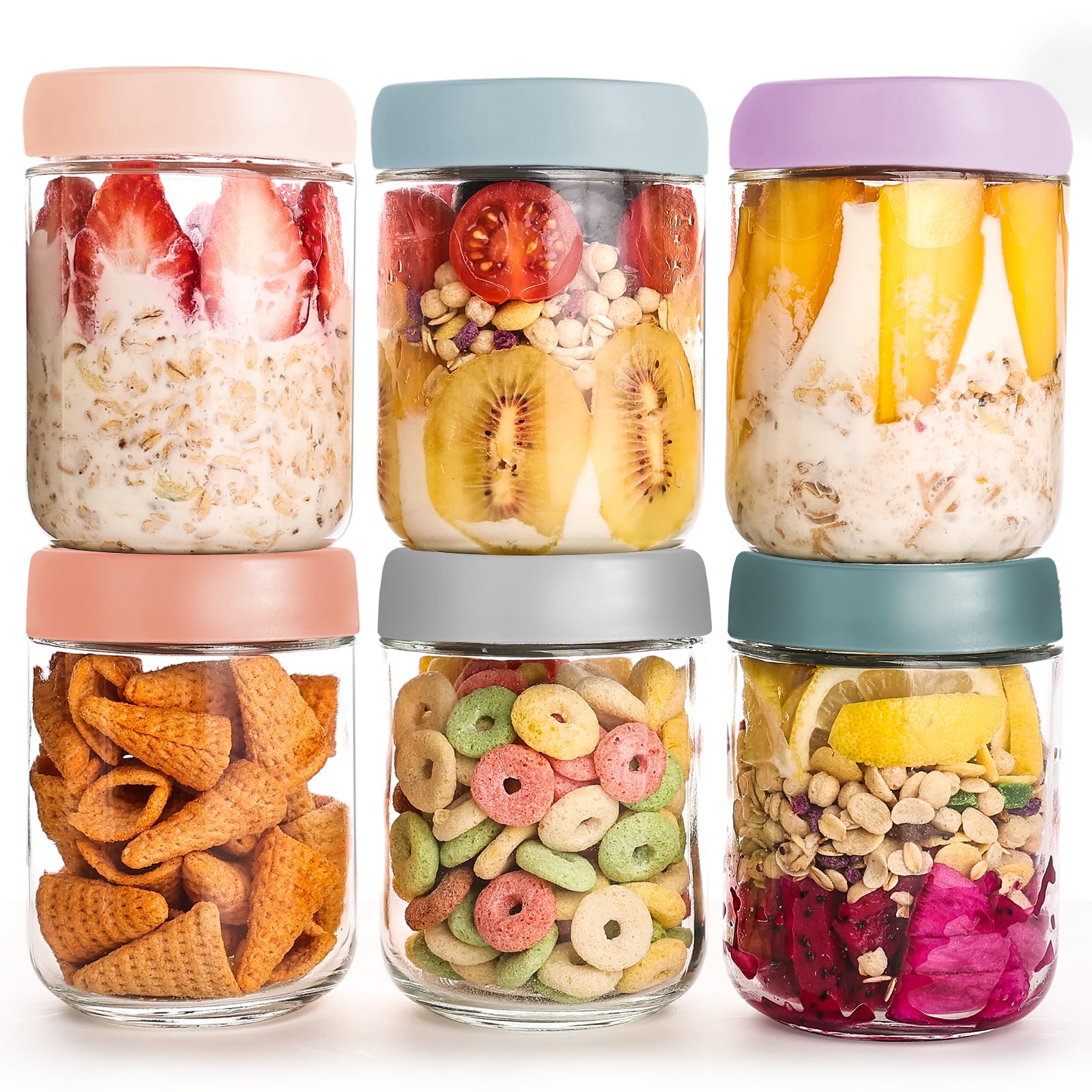YUNCANG 6-pack overnight oats containers with glass jars and airtight lids for fresh meal prep.