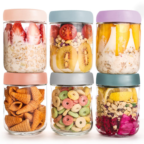 YUNCANG 6-pack overnight oats containers with glass jars and airtight lids for fresh meal prep.