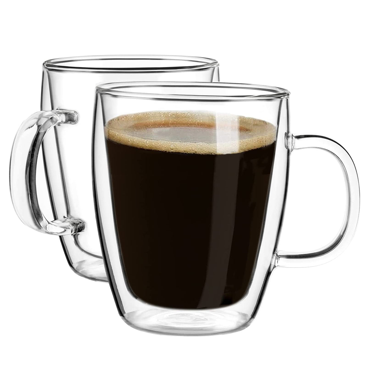 YUNCANG double-wall mug front view shows clear glass with floating coffee appearance