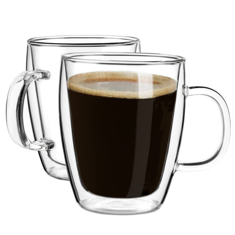 YUNCANG double-wall mug front view shows clear glass with floating coffee appearance