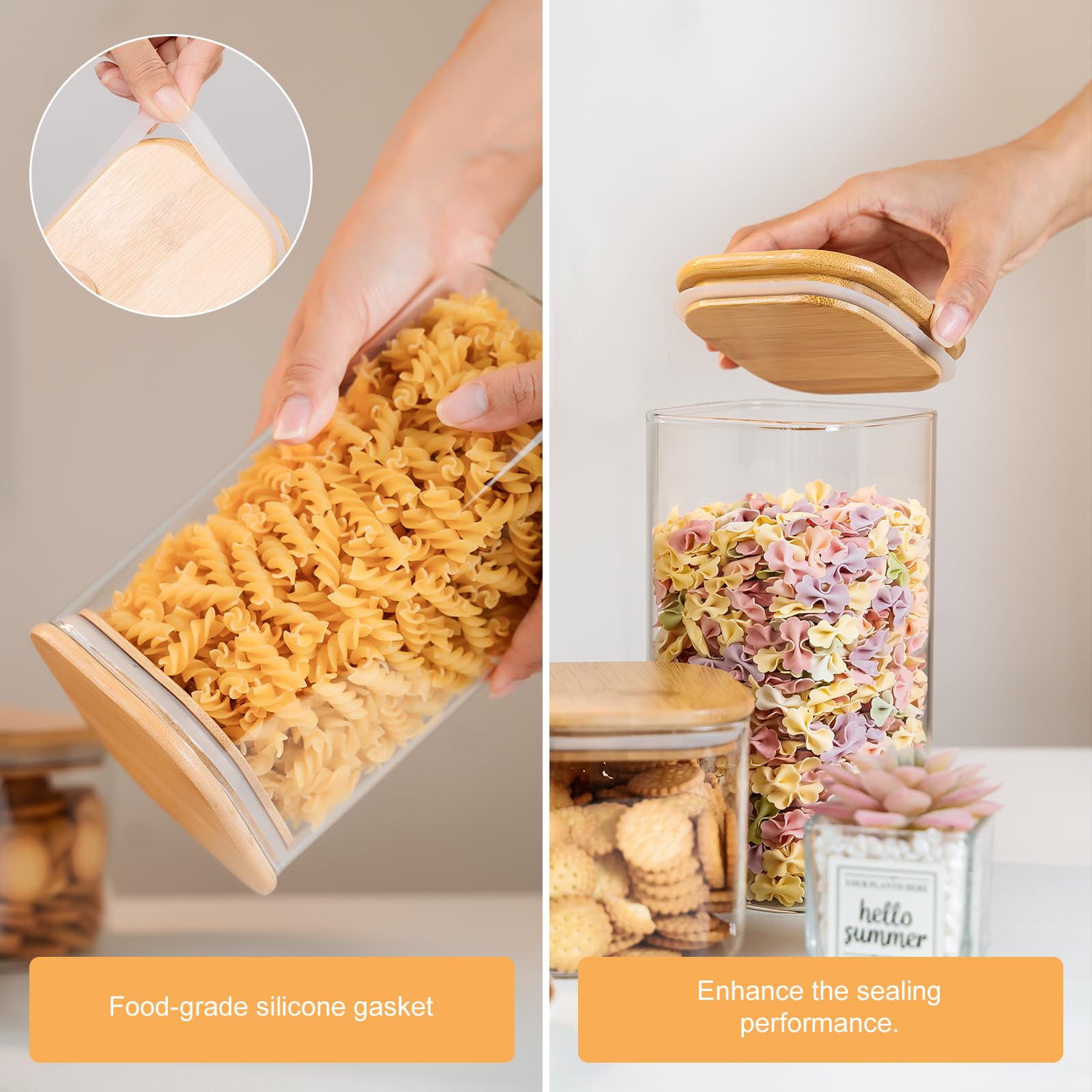 YUNCANG square canister with airtight bamboo lid keeps dry ingredients fresh and visible.