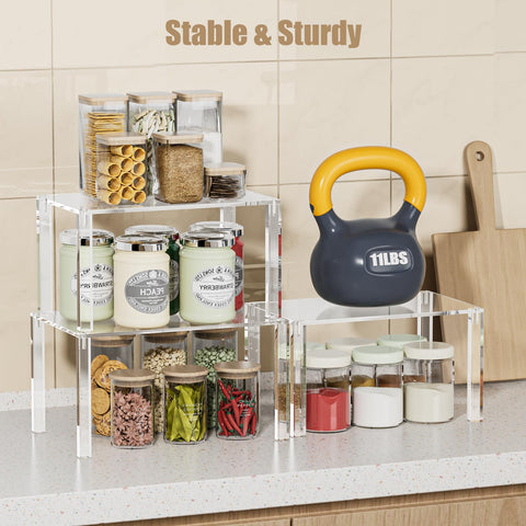 YUNEASELF acrylic shelf with 11 lbs capacity supports bottles securely on kitchen shelves.