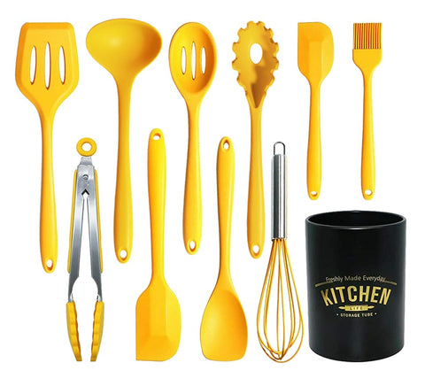 YunWuCloud 11-piece silicone utensils set in packaging, durable kit ready for kitchen prep.