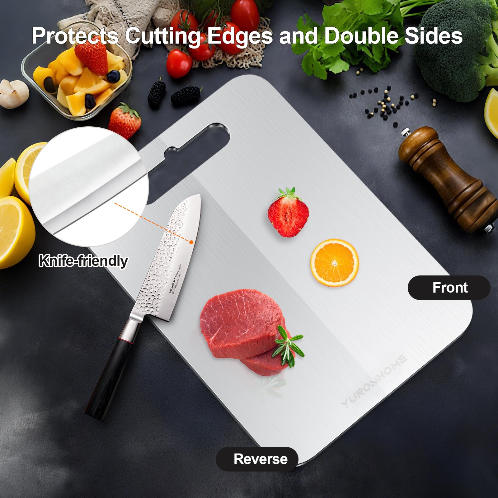 YuronHome titanium cutting board fruits-vegetables side designed for clean produce prep.