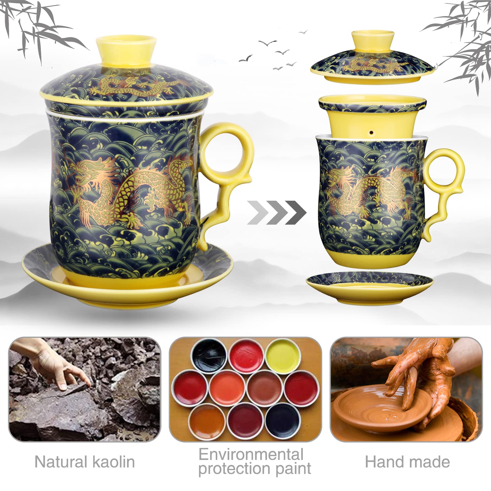 YURROAD tea mug with lid and saucer provides heat retention for longer steeping.