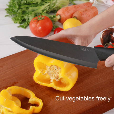 YUSOTAN ceramic knife in use cutting vegetables with smooth motion.