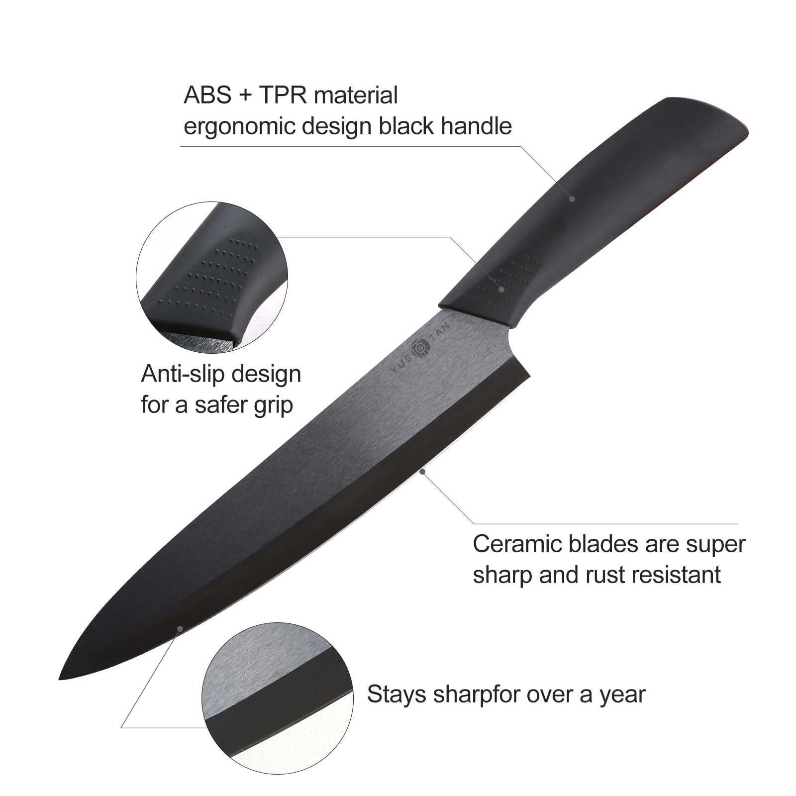 YUSOTAN ceramic knife with stain-proof surface resists odors during prep.