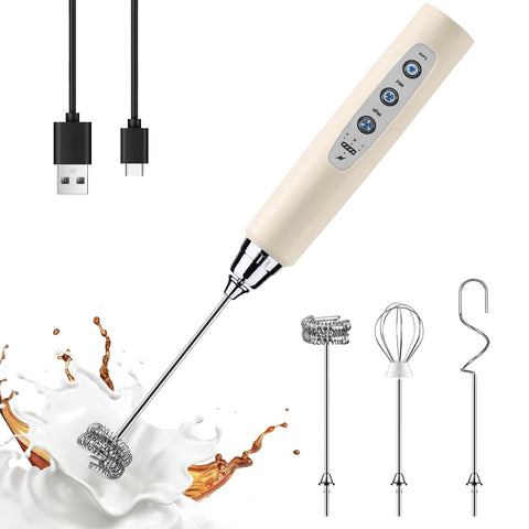 YUSWKO beige milk frother wand with three heads for creamy latte foam