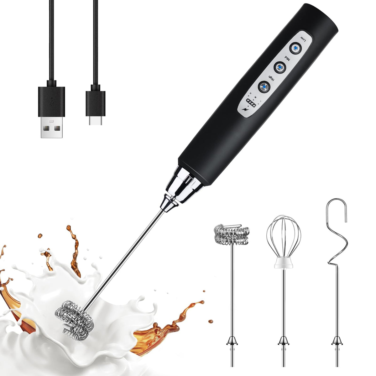 YUSWKO black milk frother wand creates creamy foam quickly for coffee