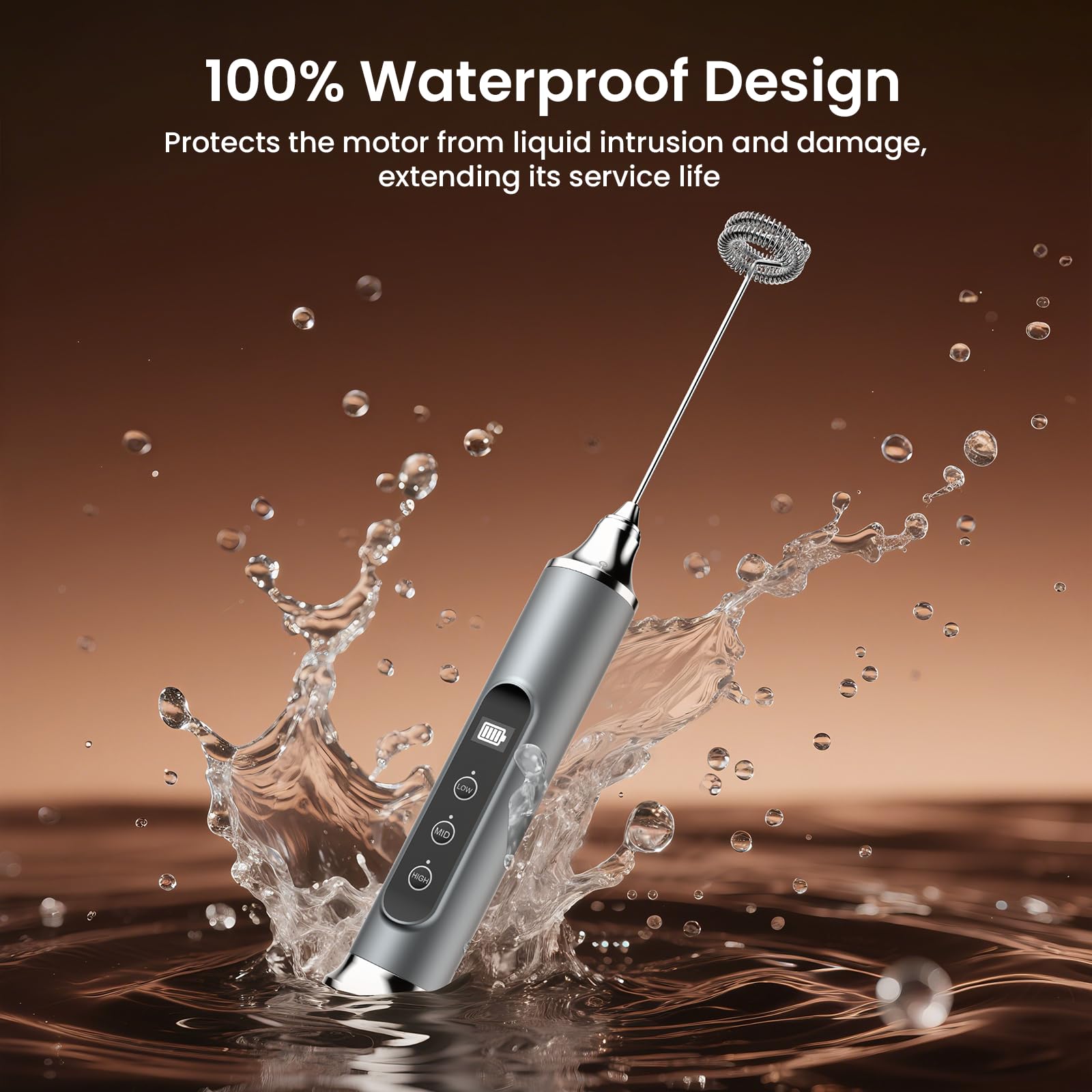 YUSWKO frother wand showing IPX6 waterproof design for safe cleaning