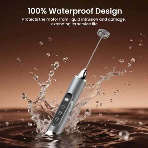 YUSWKO frother wand showing IPX6 waterproof design for safe cleaning