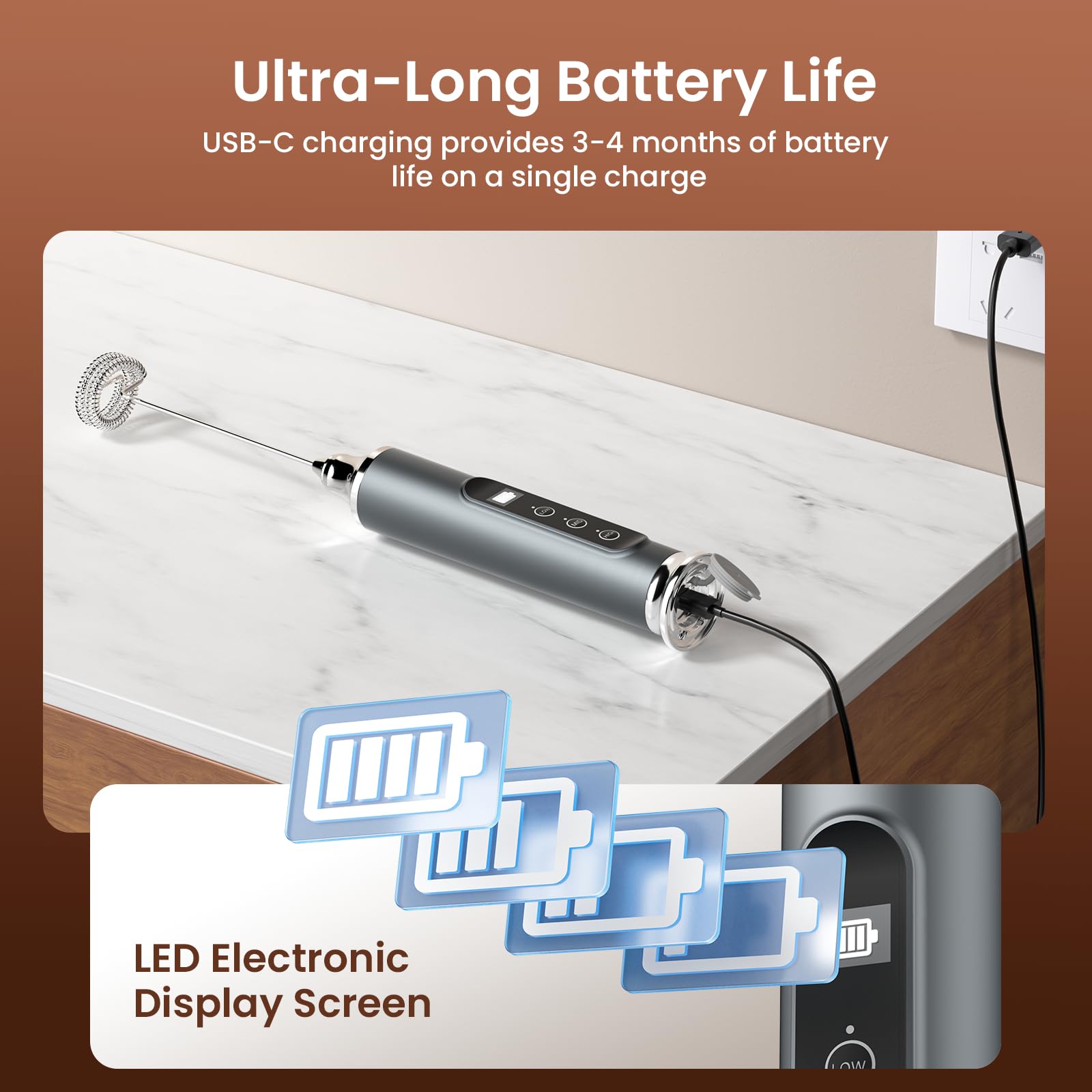 YUSWKO milk frother wand charging via USB-C for wireless convenience