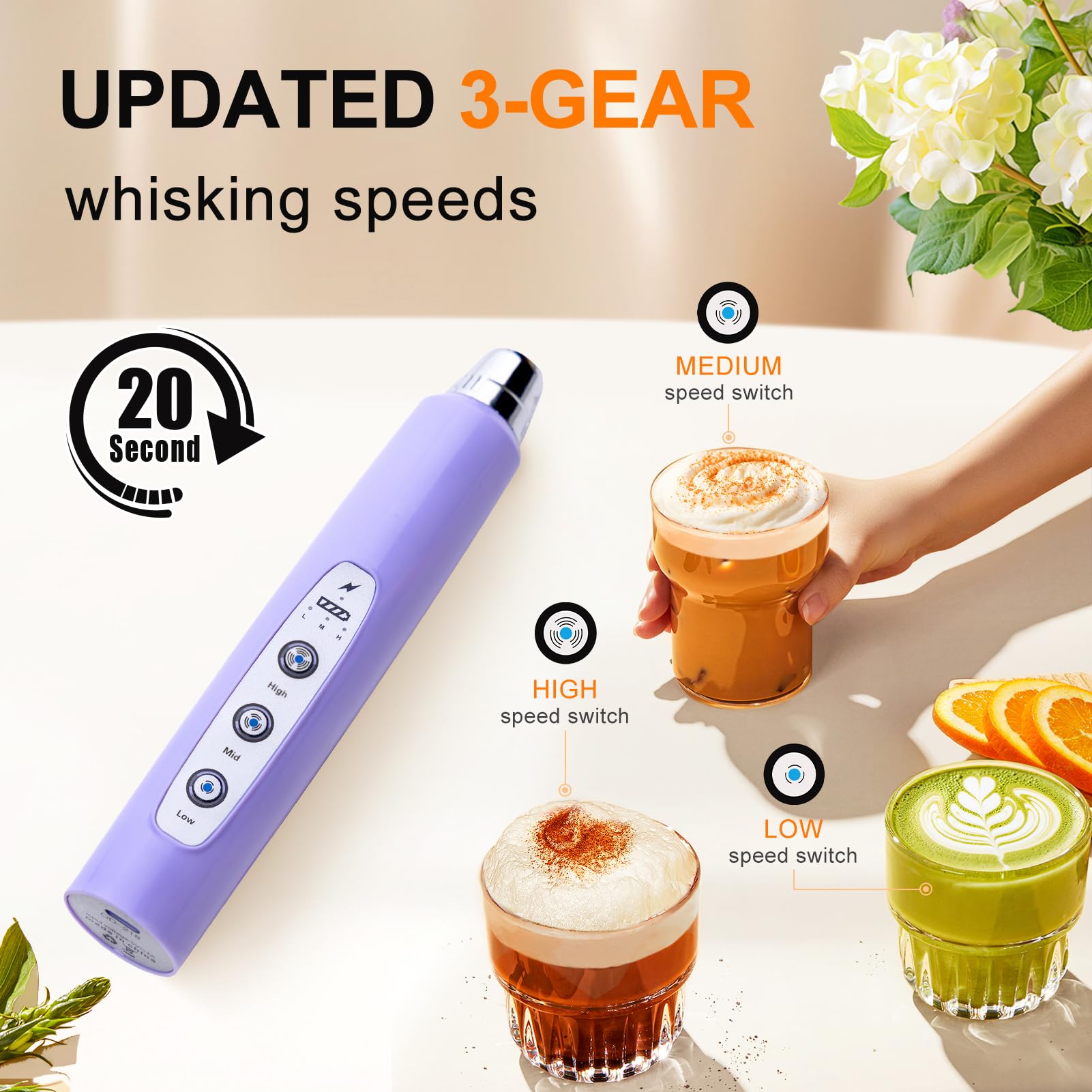 YUSWKO frother shows USB charging for convenient power on the go.