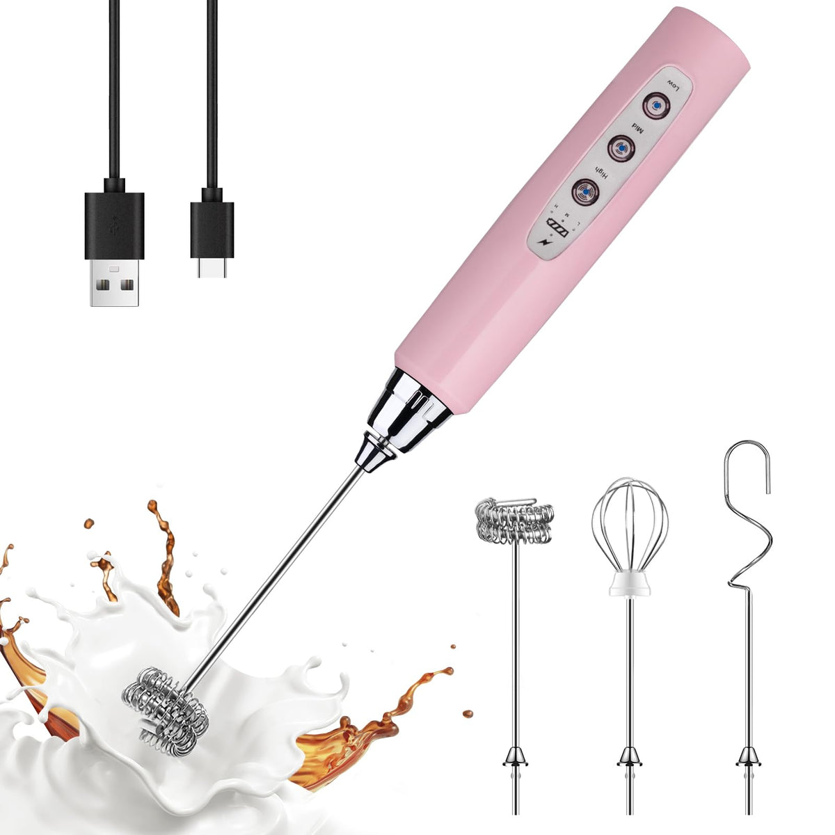 YUSWKO pink milk frother with three heads for versatile foaming