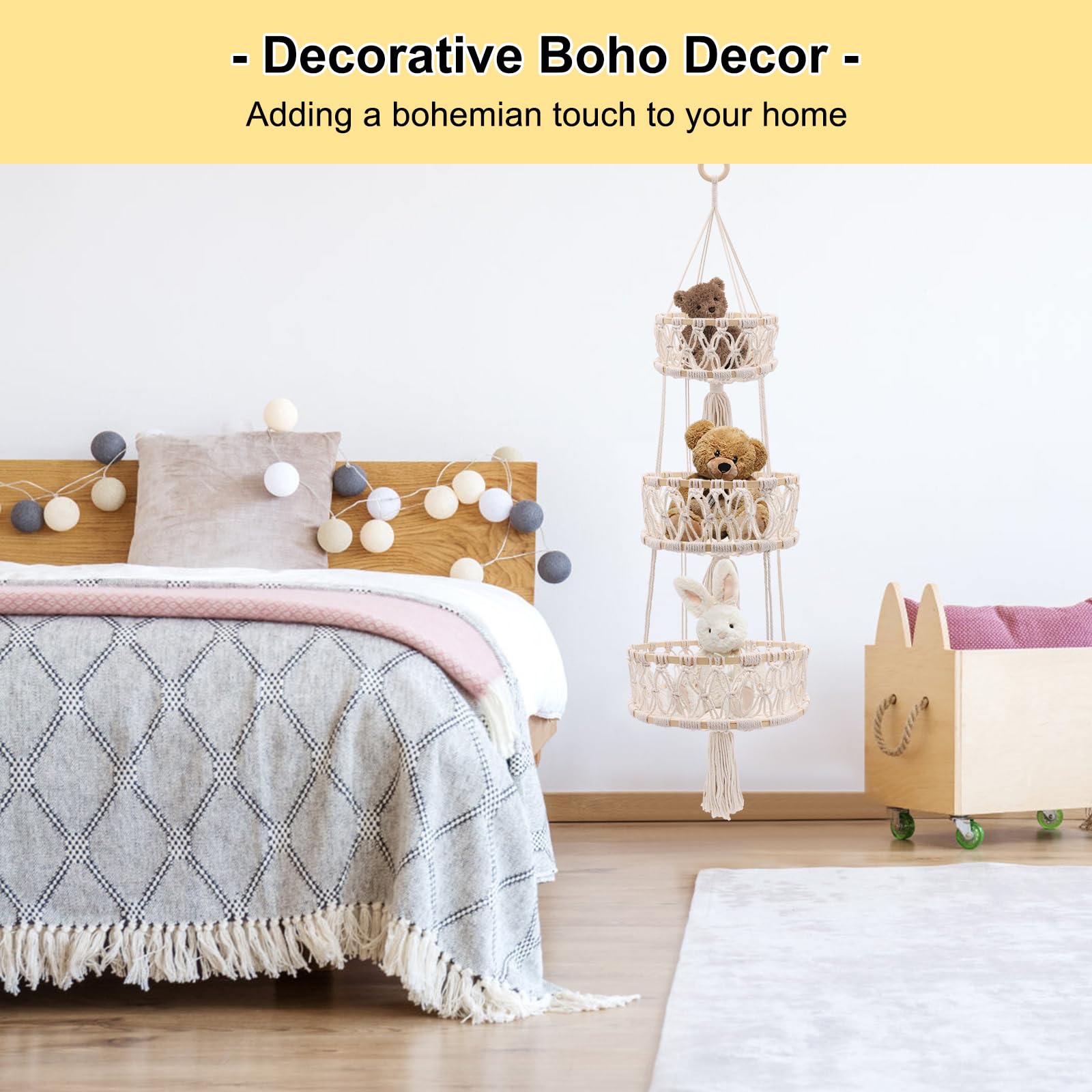 Yuuzue hanging kitchen basket showcases boho decor with neutral tones.