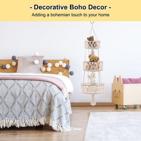 Yuuzue hanging kitchen basket showcases boho decor with neutral tones.
