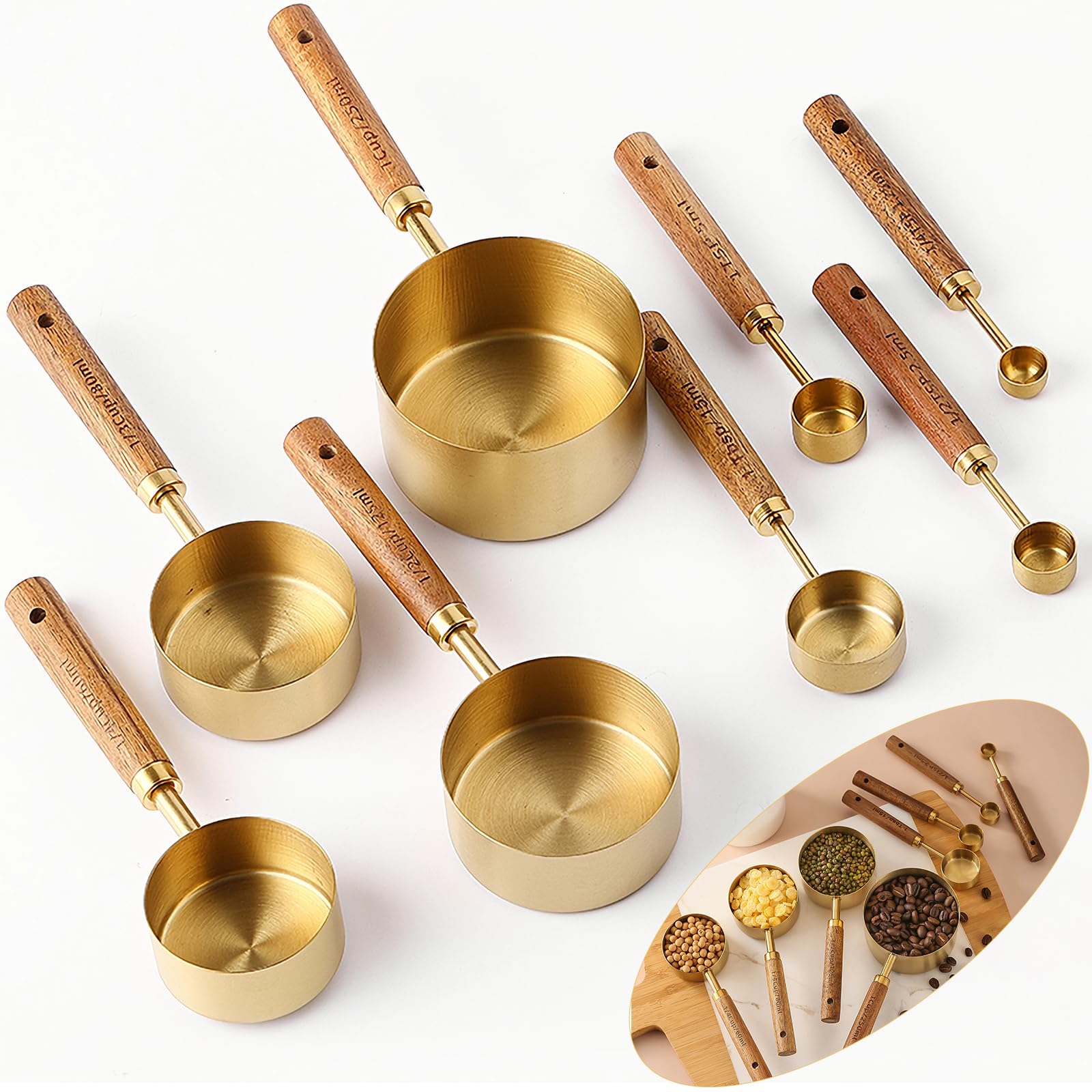 Yuzi 8-piece golden measuring cups with wooden handles offer precise measurements for daily cooking.
