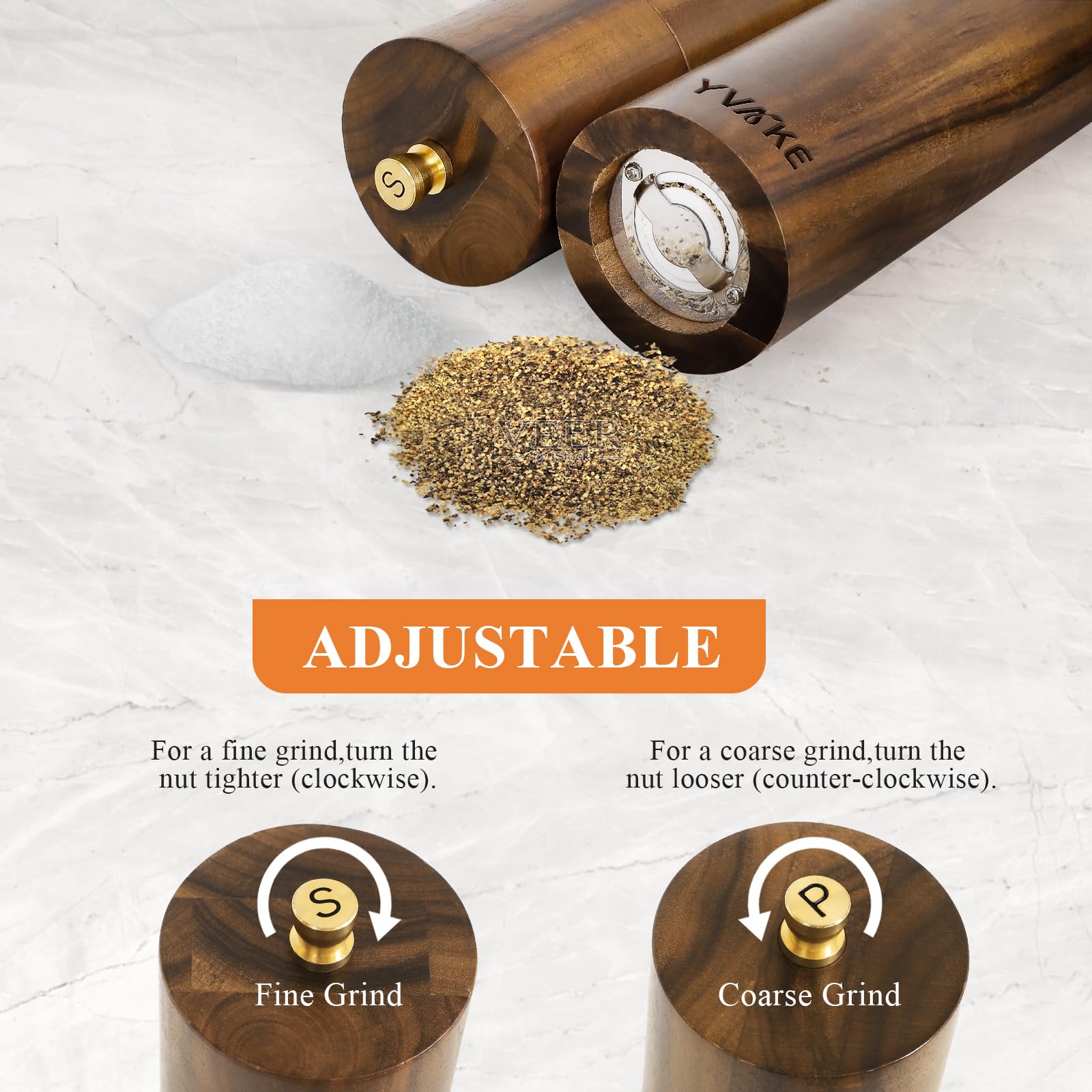 YVake adjustable coarseness dial demonstrated for fine to coarse grinding.
