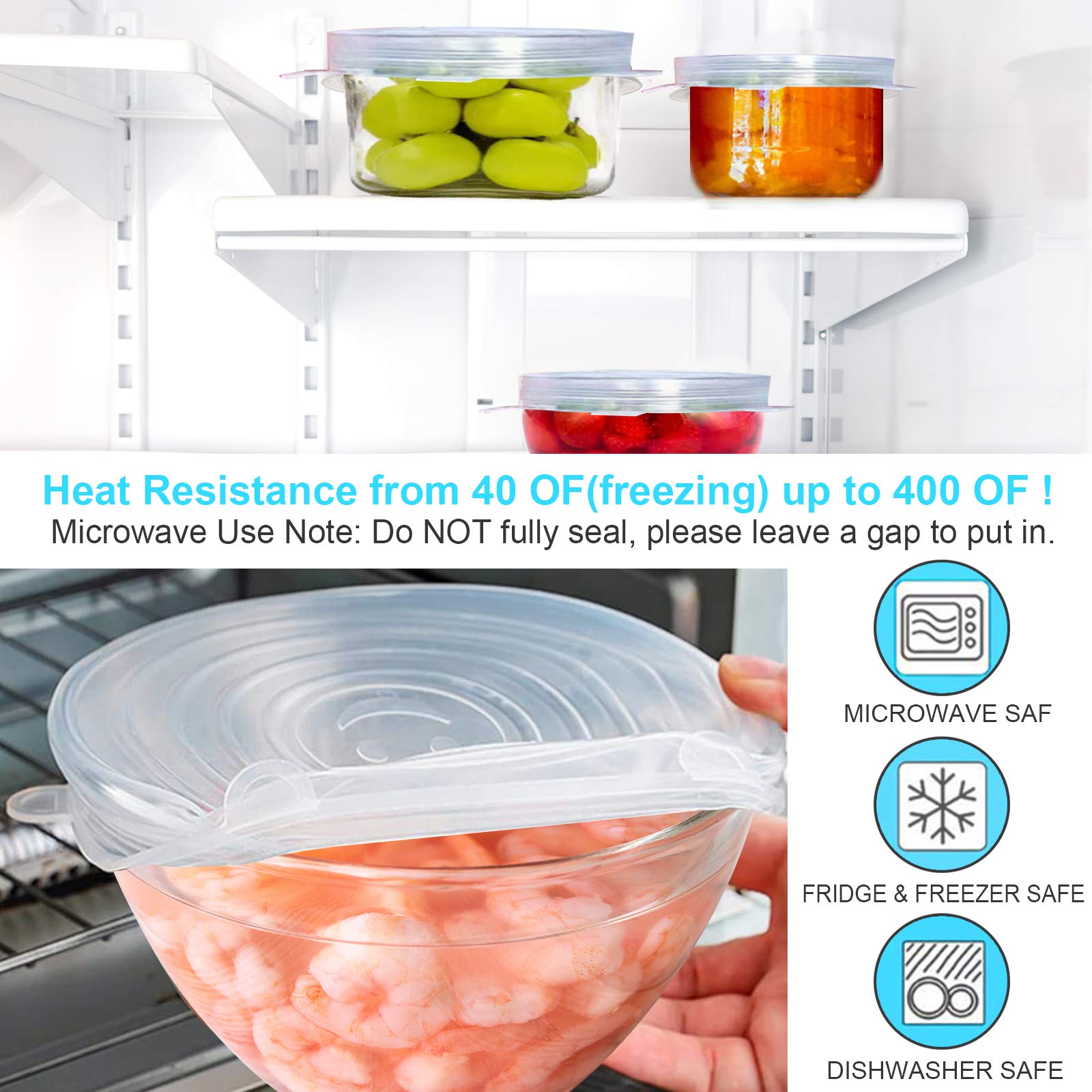 YXYL 4-6 inch stretch lid covering a glass bowl in the fridge