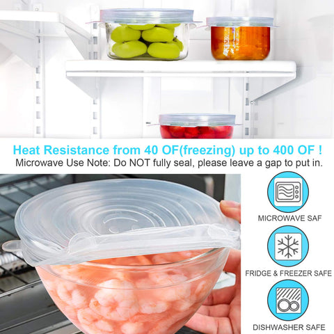 YXYL 4-6 inch stretch lid covering a glass bowl in the fridge