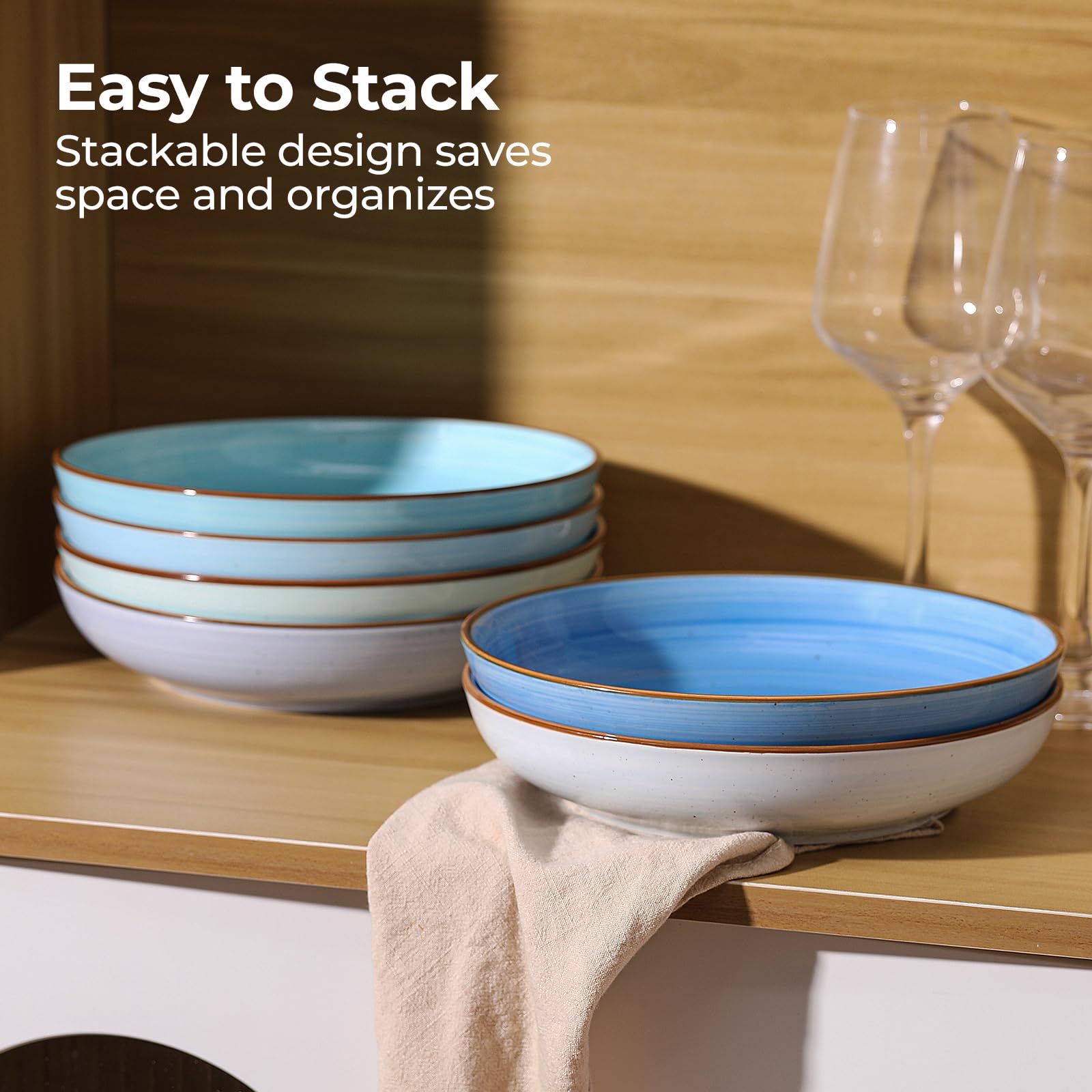 YYHY stackable bowls with easy-grip rims save cabinet space.