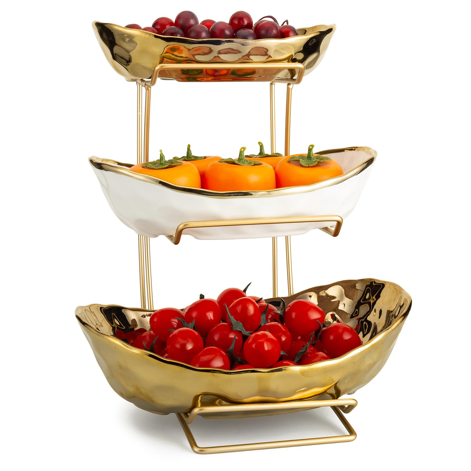 YYW 3-tier fruit bowl on display with white gold ceramic finish for elegant counter storage