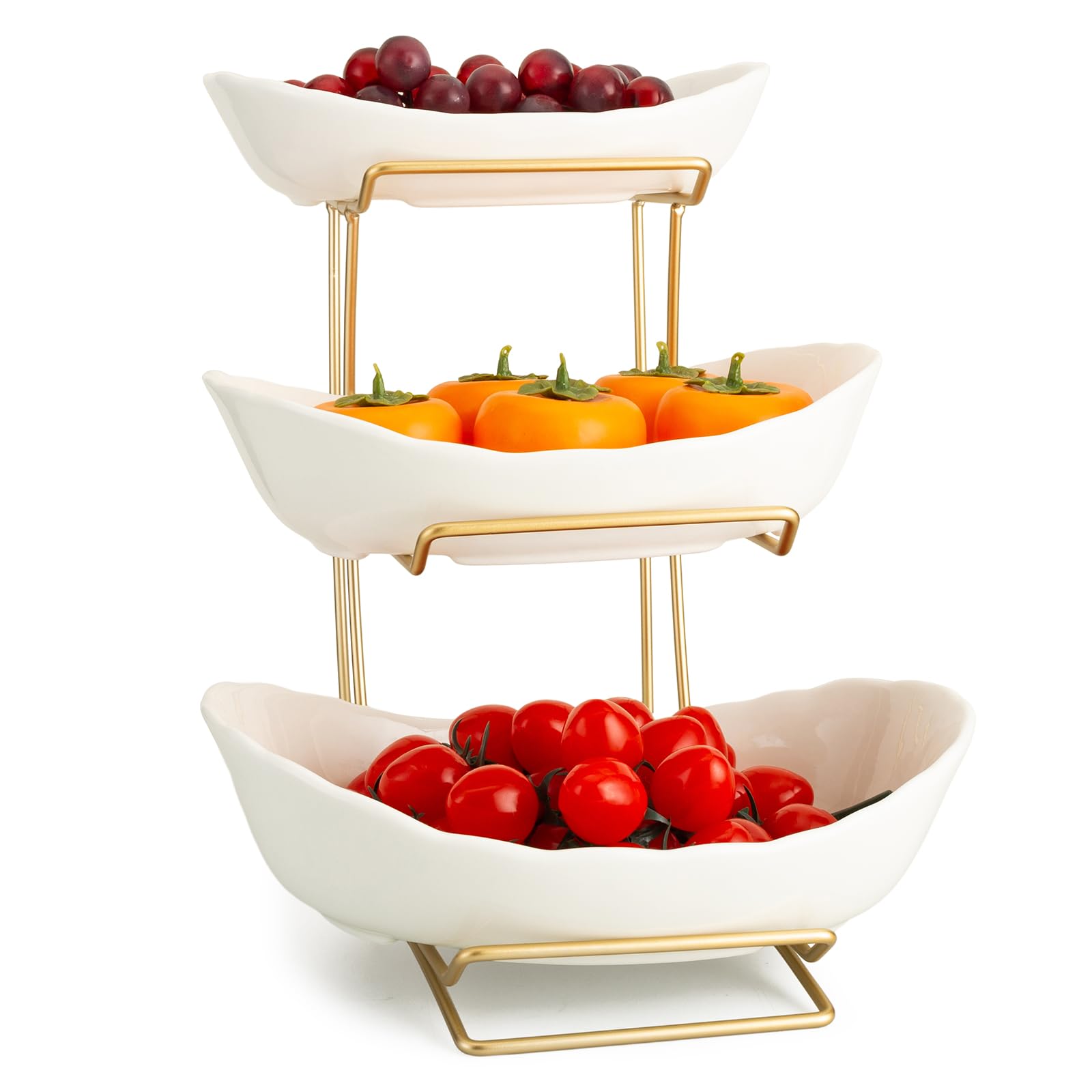 YYW fruit stand on a counter holding fruits and snacks in a decorative display
