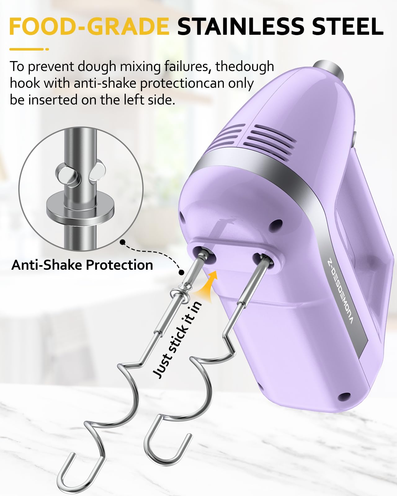 Five-speed control on Z-DESDEMONA hand mixer enables gradual blending.