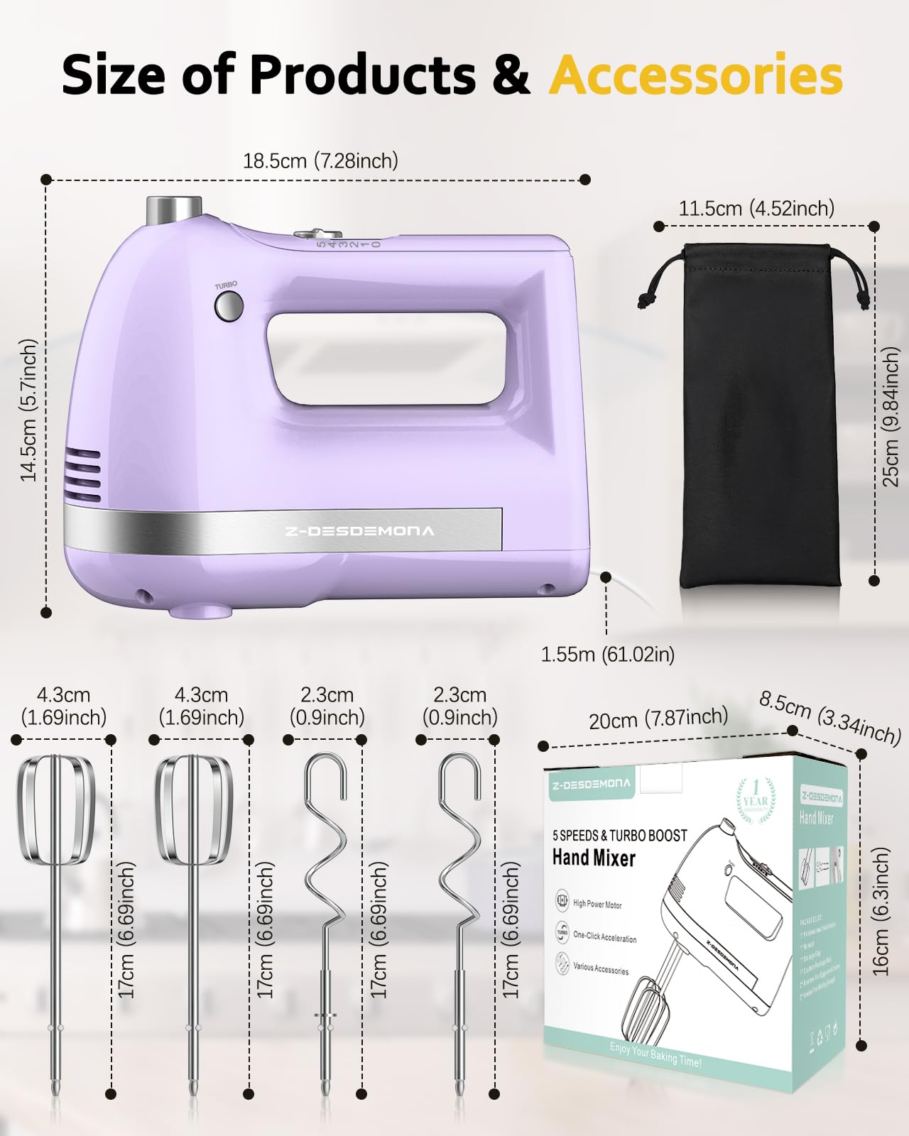 Storage bag included with Z-DESDEMONA hand mixer keeps accessories together.