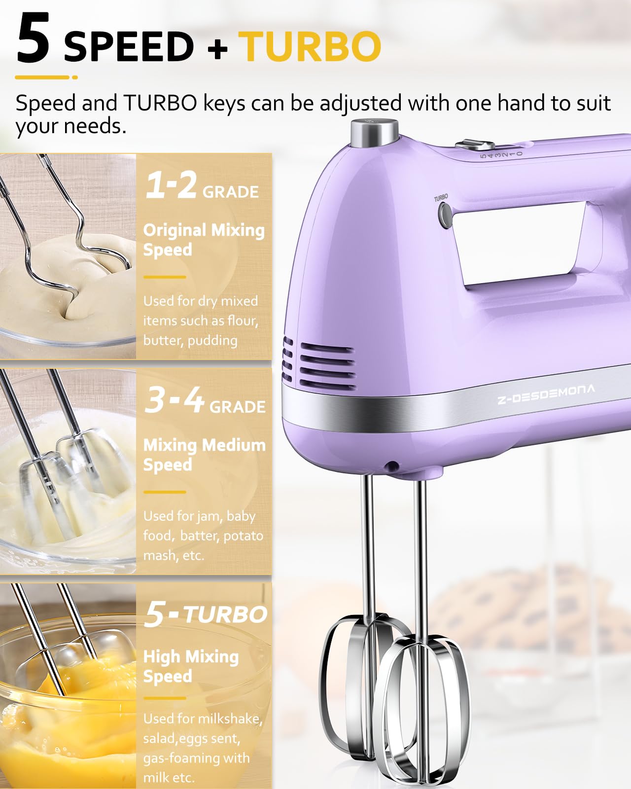 Turbo boost feature on Z-DESDEMONA hands mixer speeds up whipping and dough work.