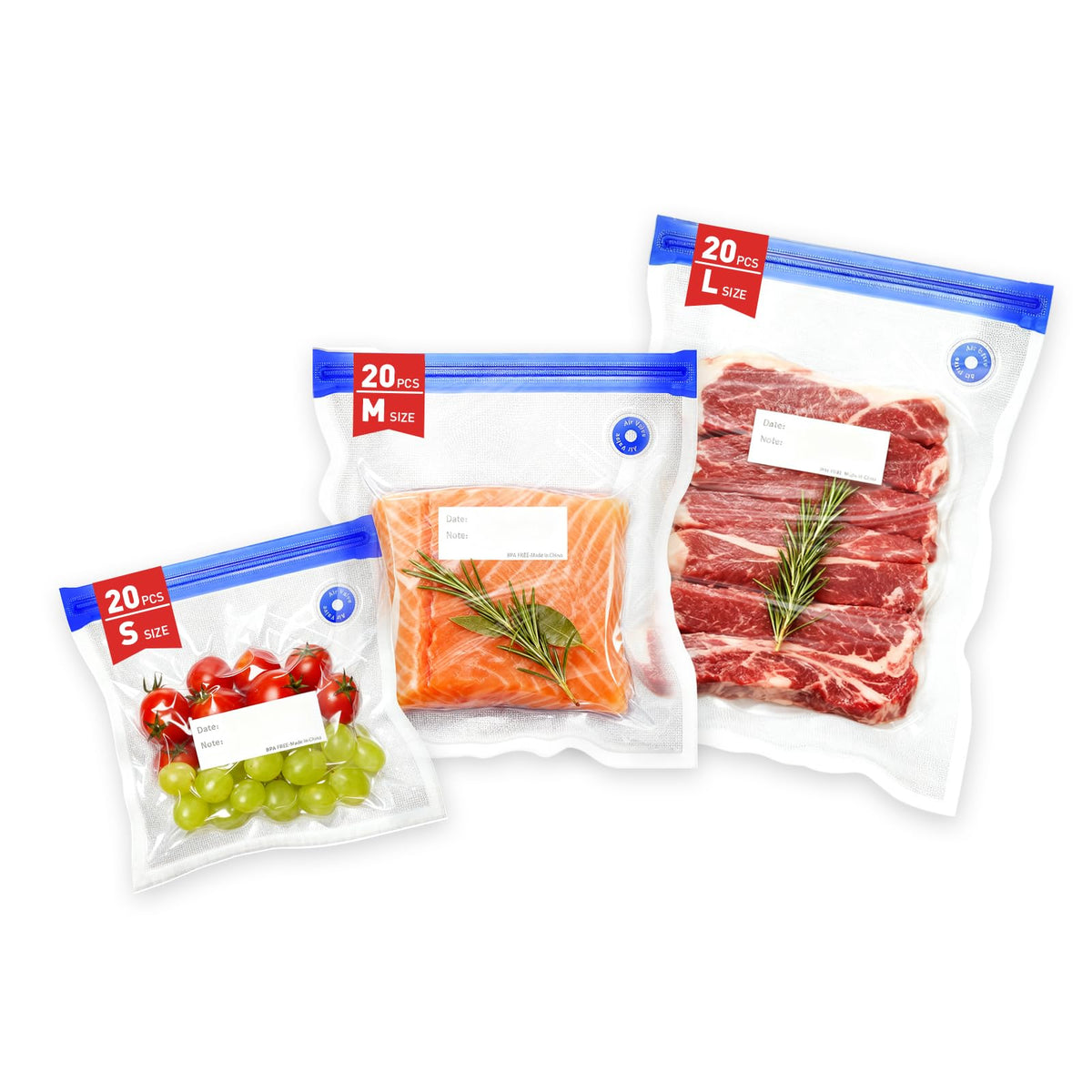 ZABINS 60 Pcs reusable vacuum bags set for organized food storage and meal prep.
