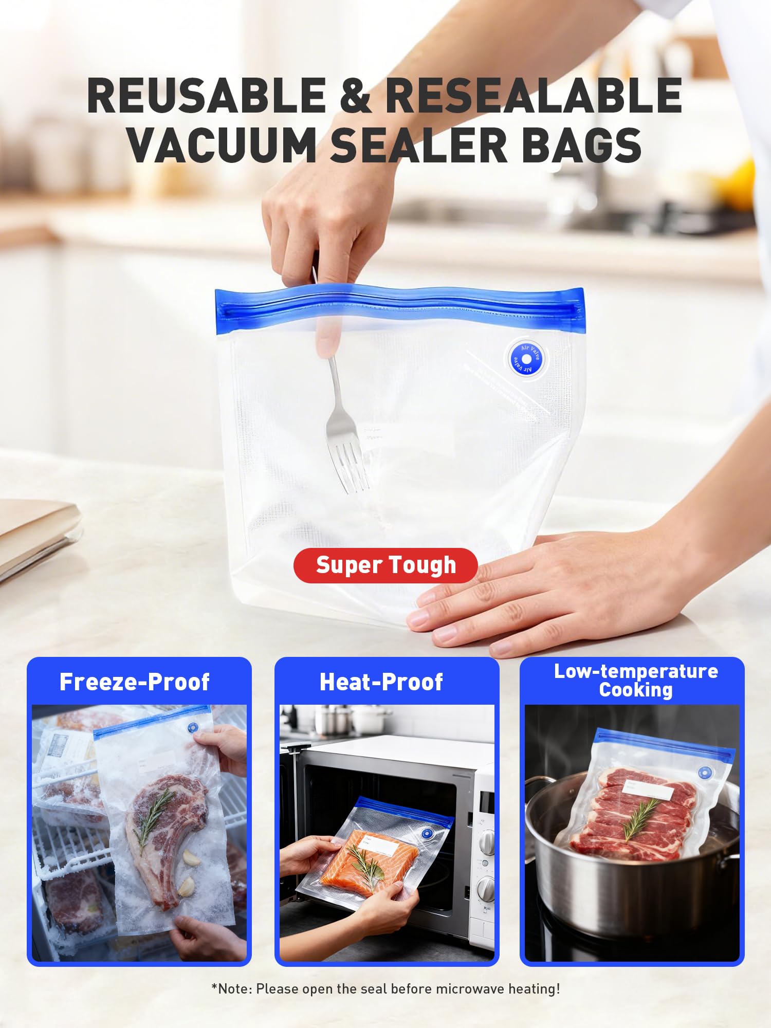 ZABINS BPA-free reusable bags suitable for freezer and boiling use.