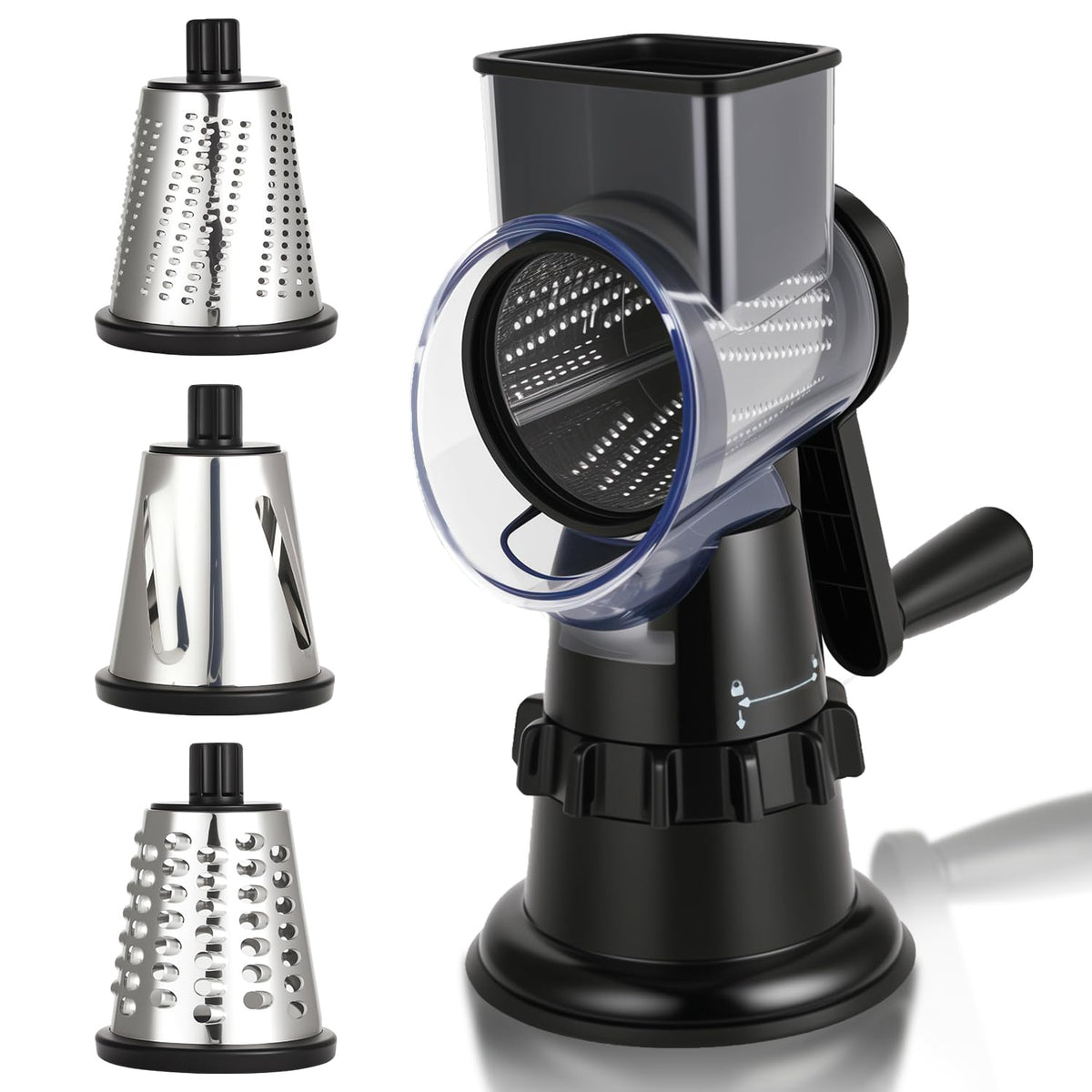 ZABINS rotary grater in action with hand crank for quick cheese shredding