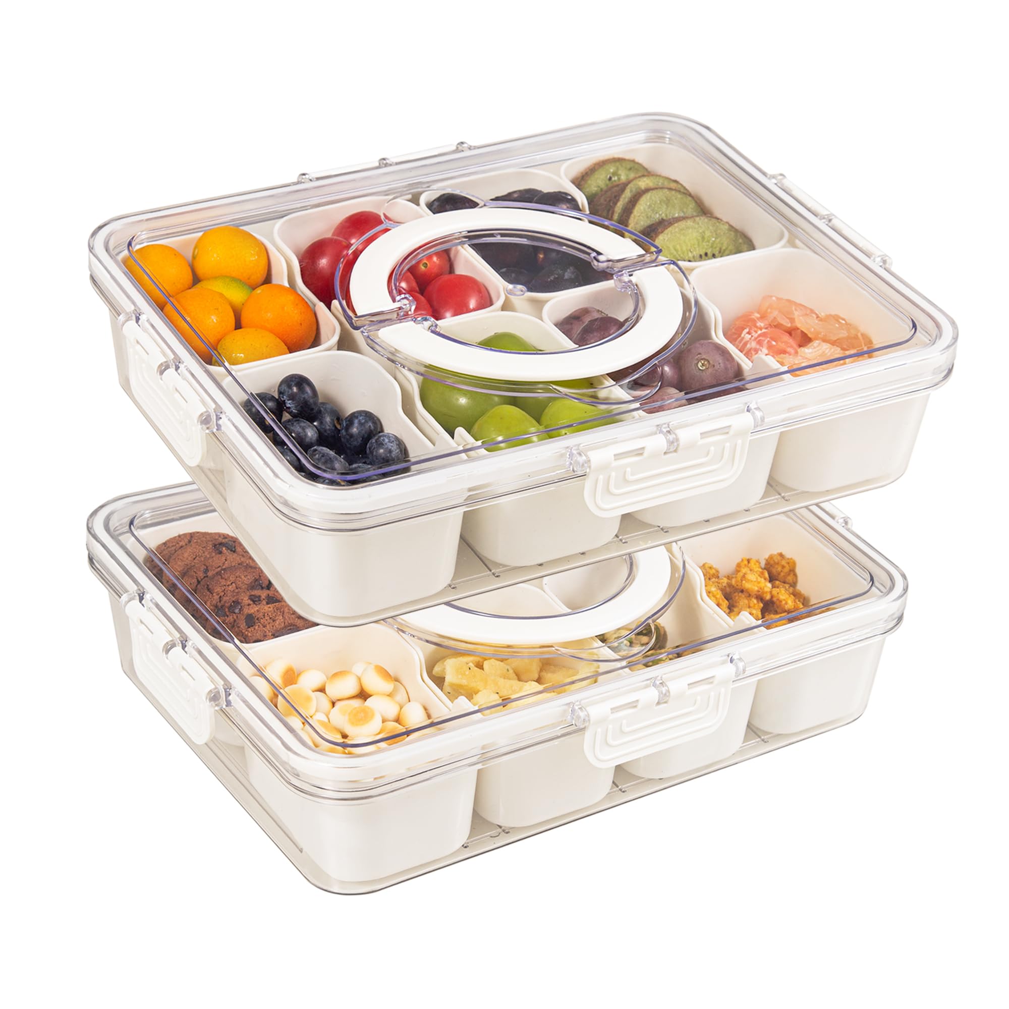 Zaboro Snackle Box with 8 compartments and lid-handle in beige for organized snacking on the go.