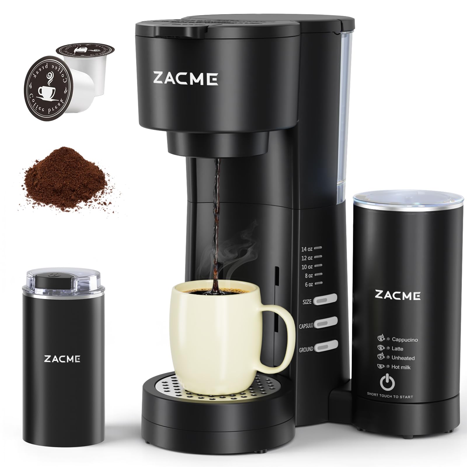 ZACME 4in1 coffee maker ready for K-Cups or ground coffee for quick single servings.