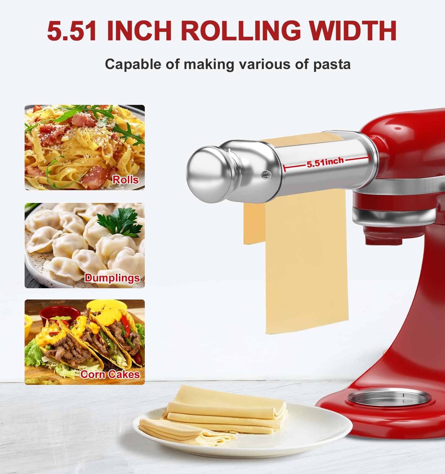ZACME pasta roller with eight-position knob enables precise dough thickness.